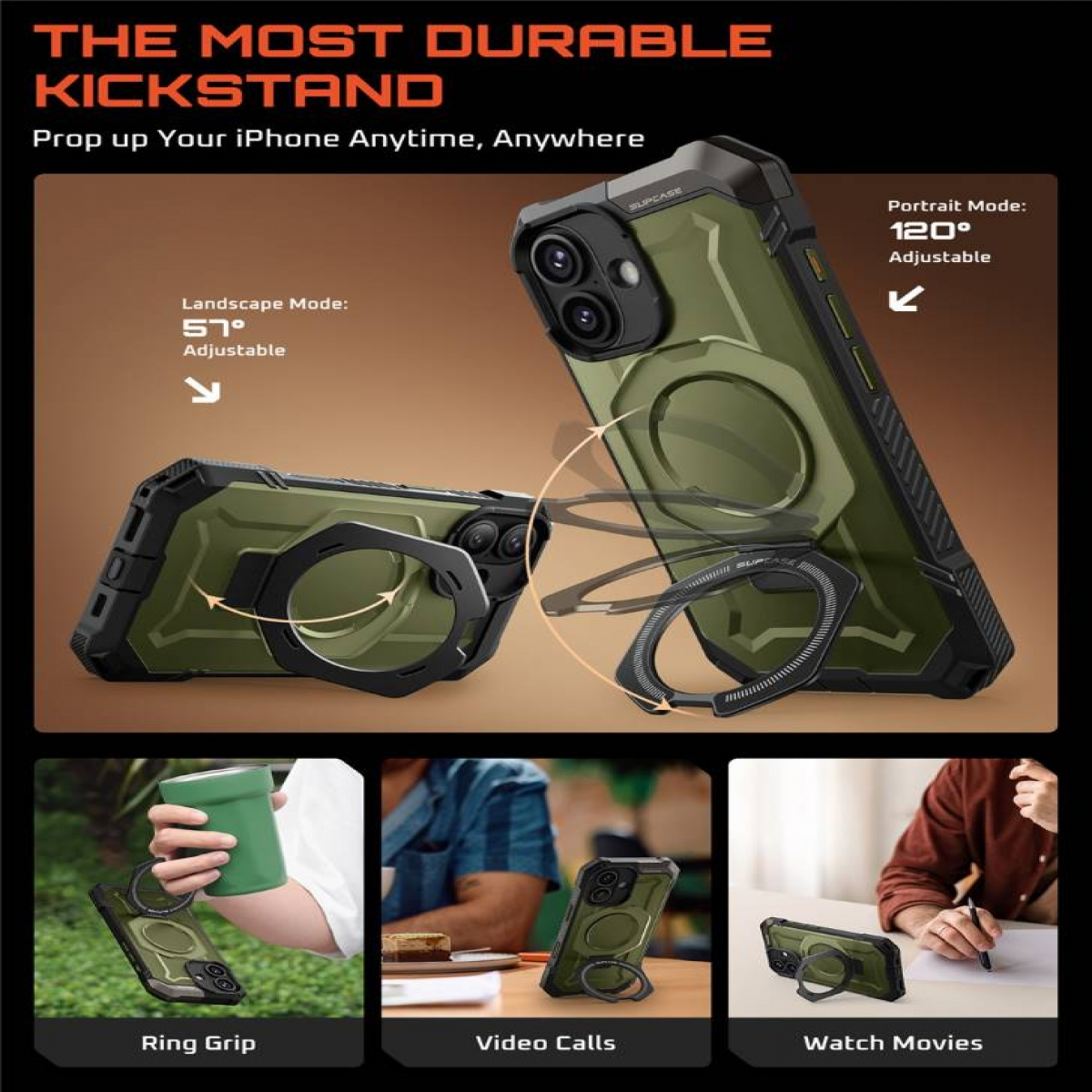 Un iPhone in una custodia verde con un supporto ad anello. Il supporto è mostrato in modalità orizzontale e verticale. L'immagine pubblicizza il supporto.