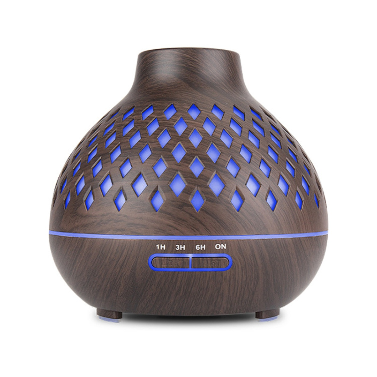Ein brauner Diffusor für ätherische Öle mit rautenförmigen Aussparungen, die blaues Licht aussenden. Er hat Tasten für Zeiteinstellungen: 1H, 3H, 6H und ON.