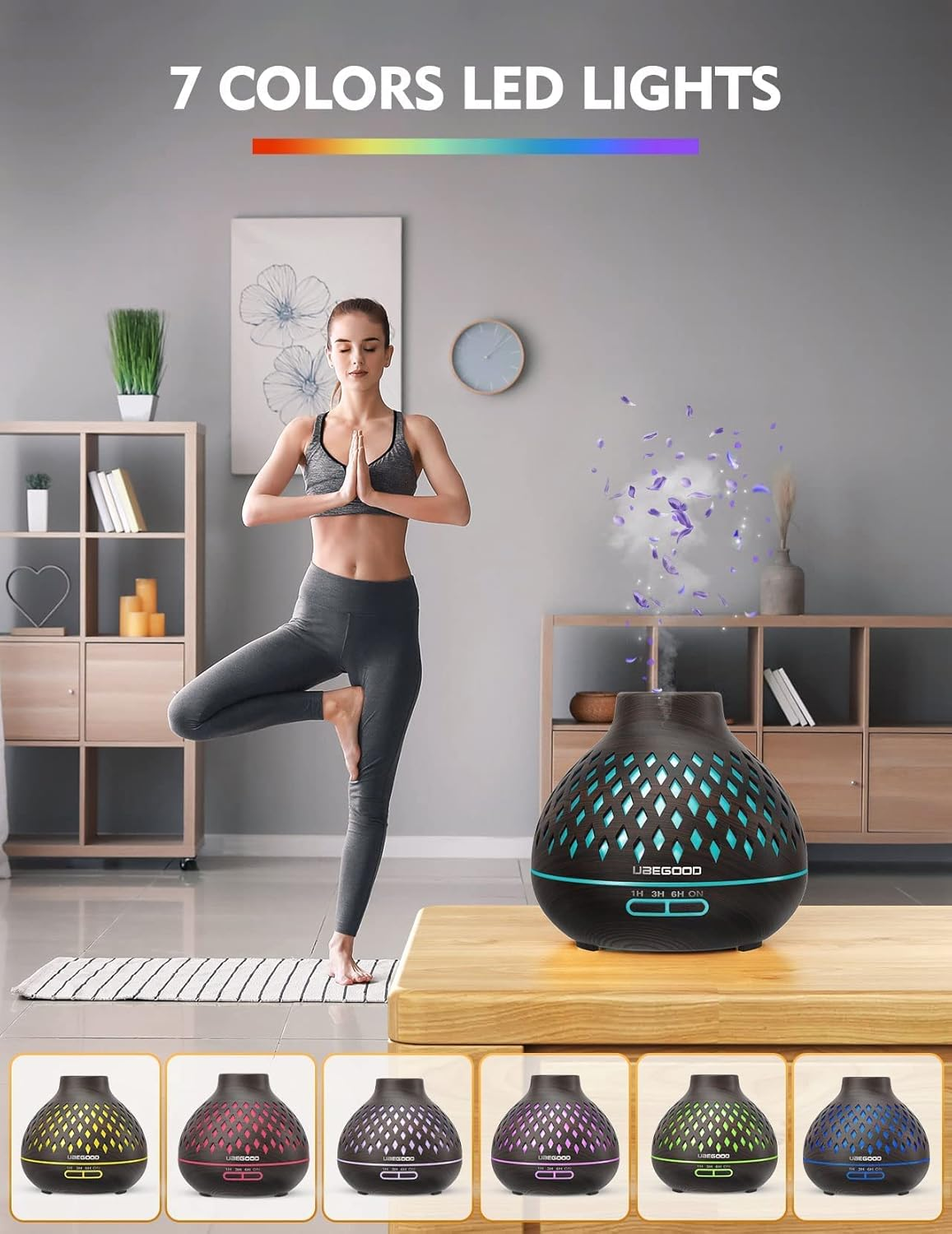 Frau in Yoga-Pose neben einem Diffusor. Diffusor hat LED-Leuchten und ein holzähnliches Design. Andere Diffusoren in verschiedenen Farben werden angezeigt.