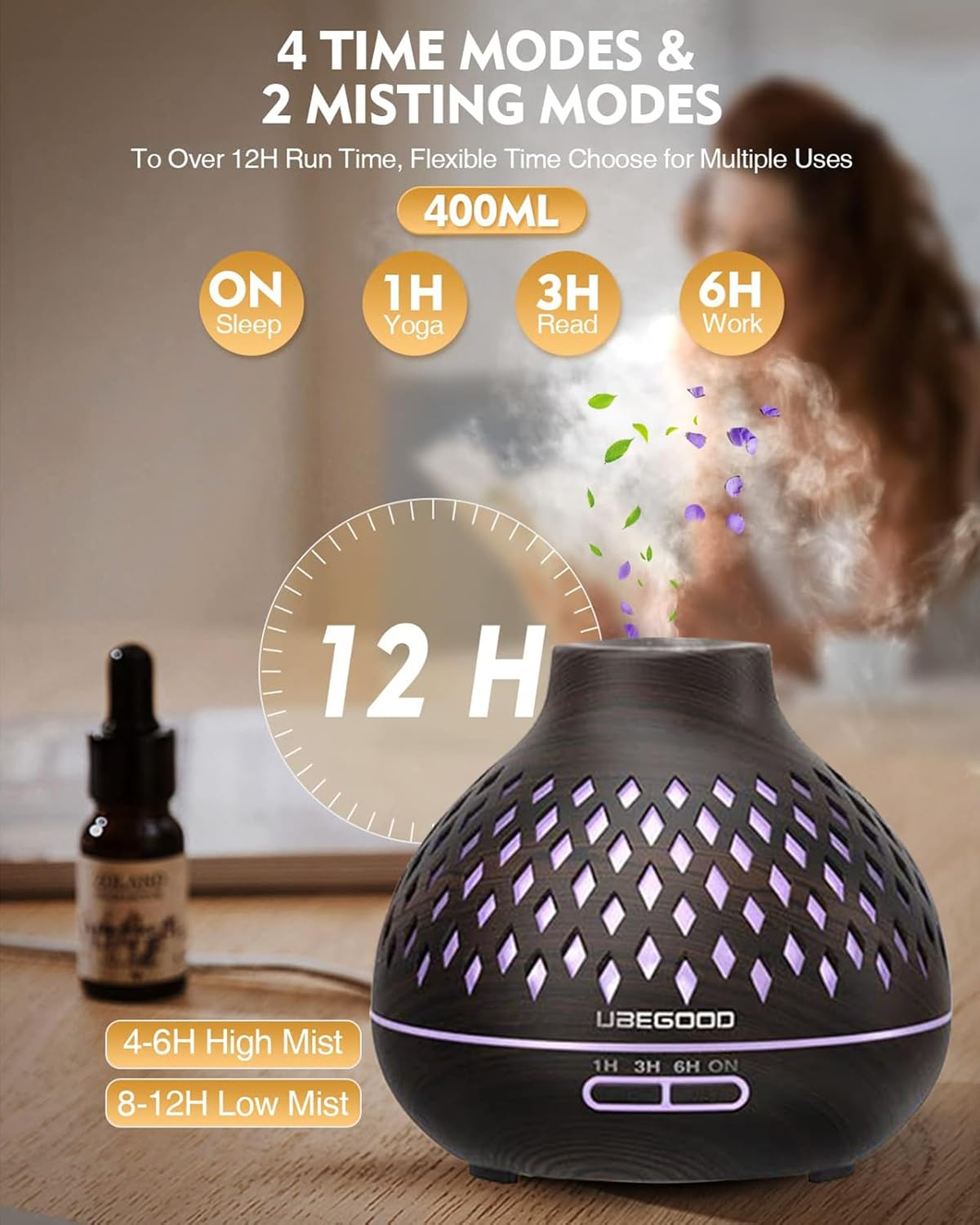 Ein Aromadiffusor mit Zeitmodi, eine Ölflasche und Textlabels wie 'ON Sleep', '1H Yoga' und '3H Read' sind sichtbar.