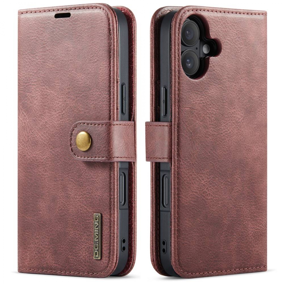 Eine braune Leder-Handyhülle, offen und geschlossen. Sie hat einen Magnetverschluss und einen Knopfverschluss. Das Telefon hat sichtbare Kameras.