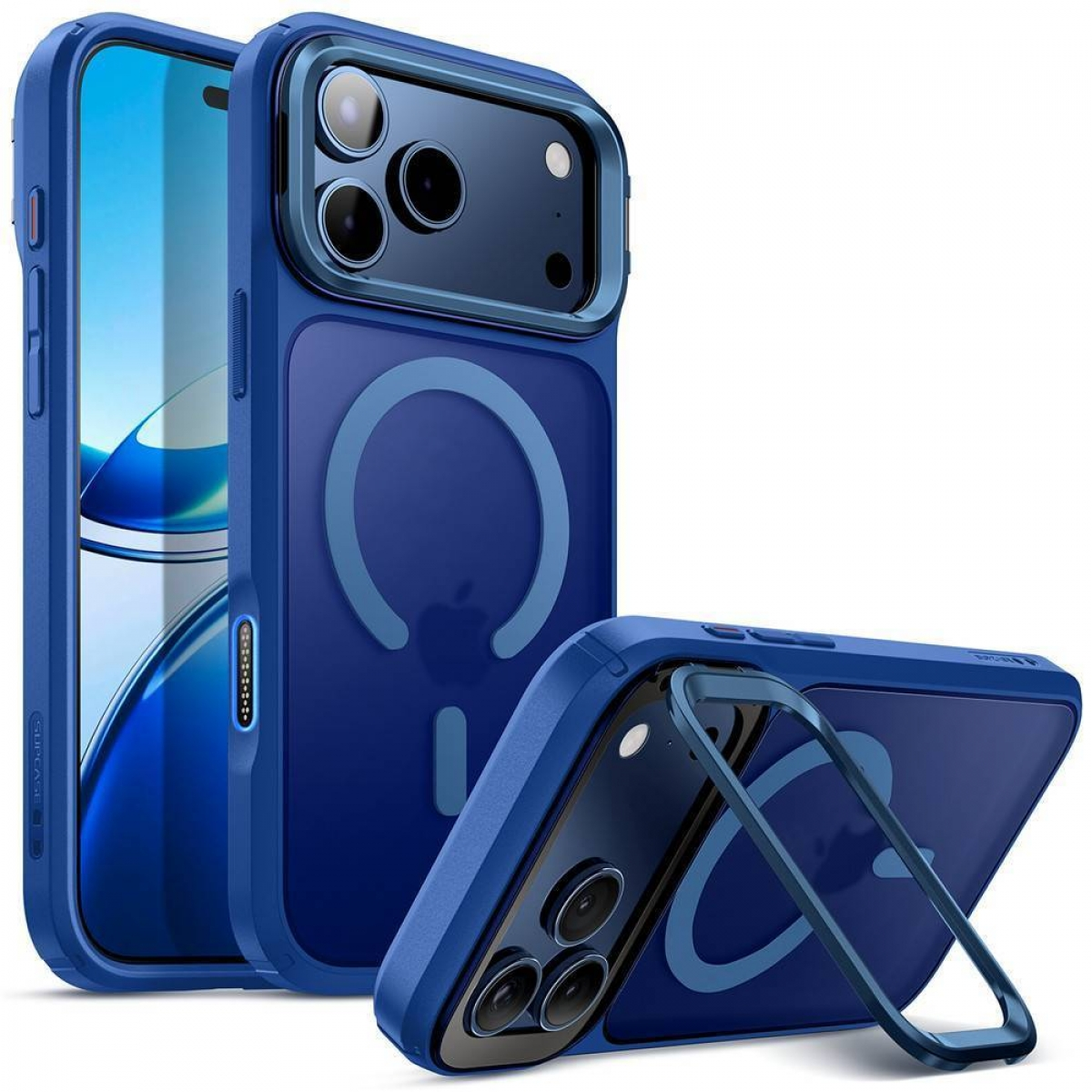 Custodie blu per iPhone con supporto ad anello sono esposte. Una custodia contiene un telefono. Altre mostrano la funzione del supporto. Tutti su sfondo bianco.