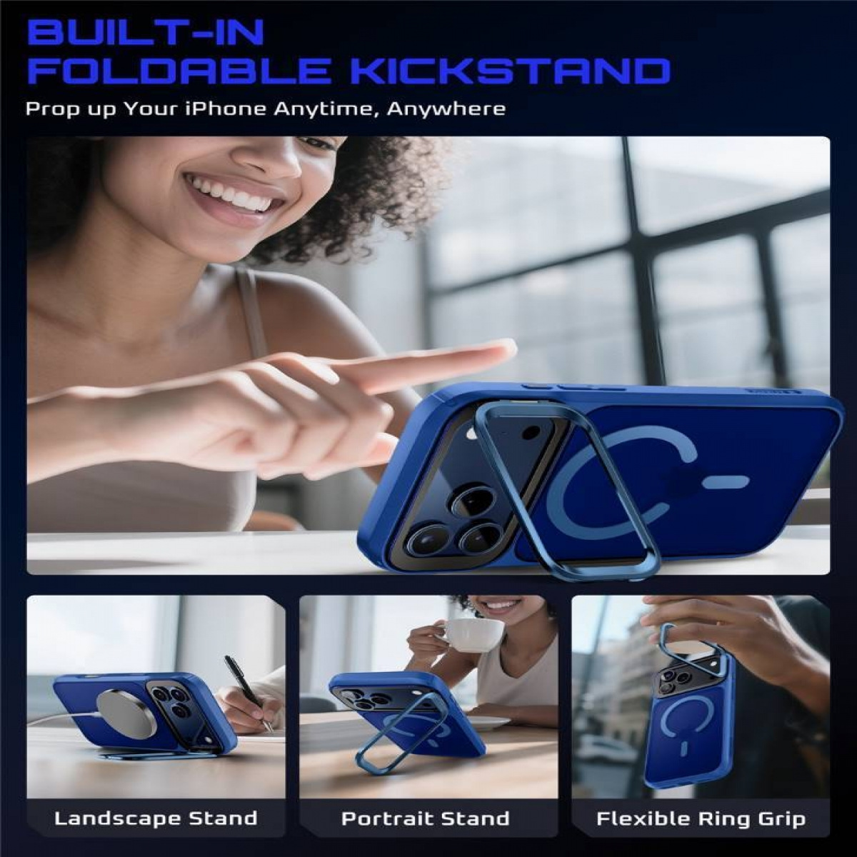 Una donna indica una custodia blu per telefono con un supporto pieghevole. L'immagine mostra diverse posizioni di supporto e opzioni di presa.