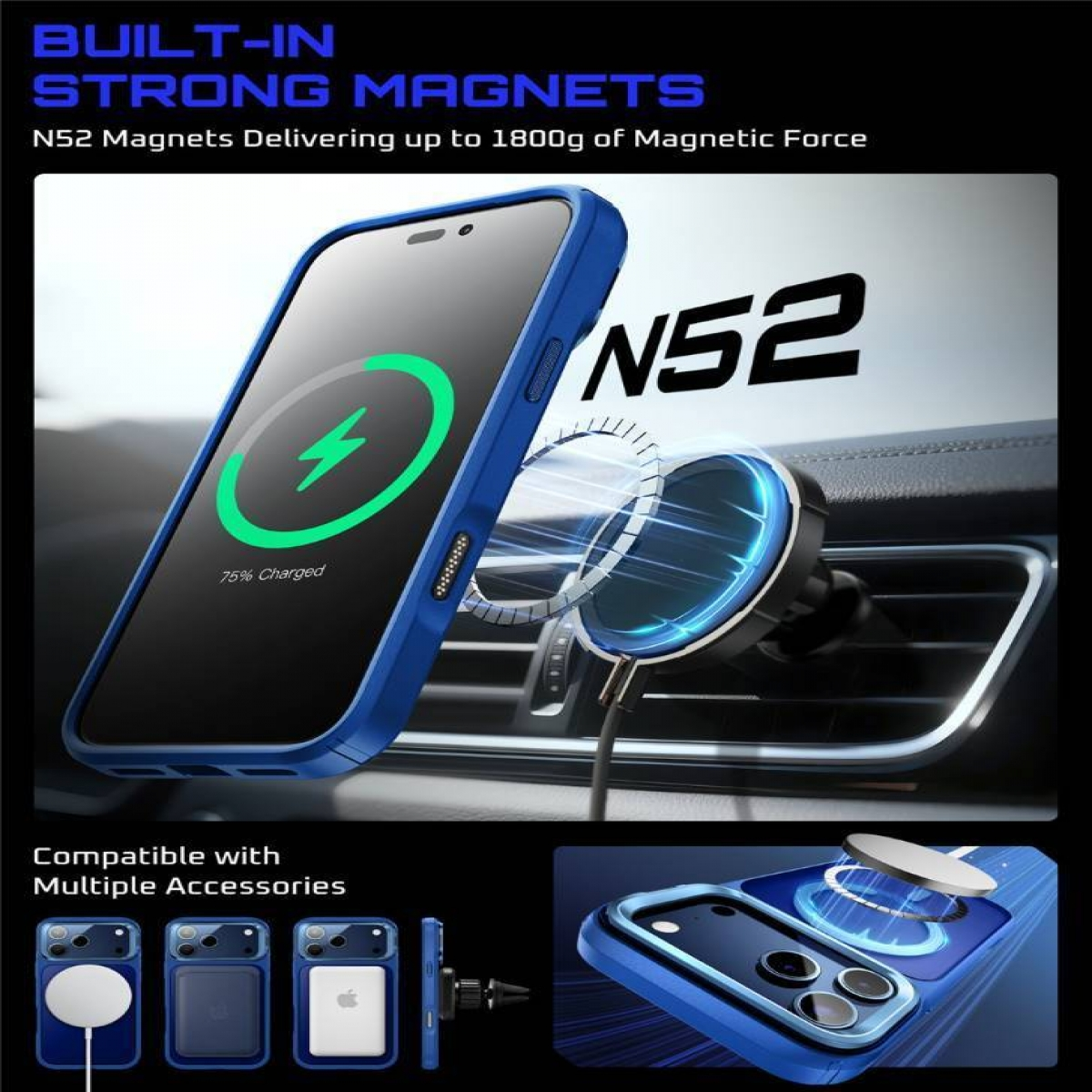 Un telefono in una custodia blu si sta caricando su un supporto per bocchetta dell'auto. Il telefono mostra il 75% di carica ed è visibile un accessorio di ricarica magnetica.