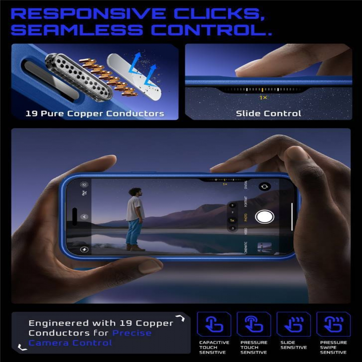 Un telefono tenuto in mano, che mostra un'interfaccia della fotocamera. L'immagine evidenzia i conduttori in rame e il controllo a scorrimento.