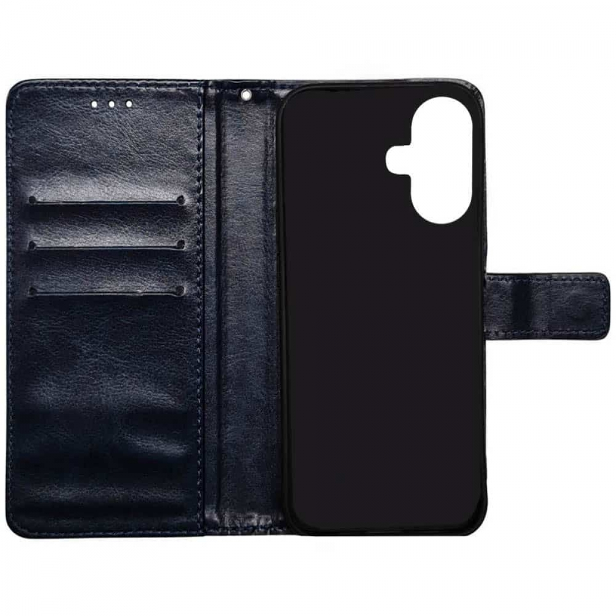 Offene marineblaue Leder-Handyhülle mit schwarzem Telefonhalter. Hat Kartenfächer und einen Magnetverschluss.