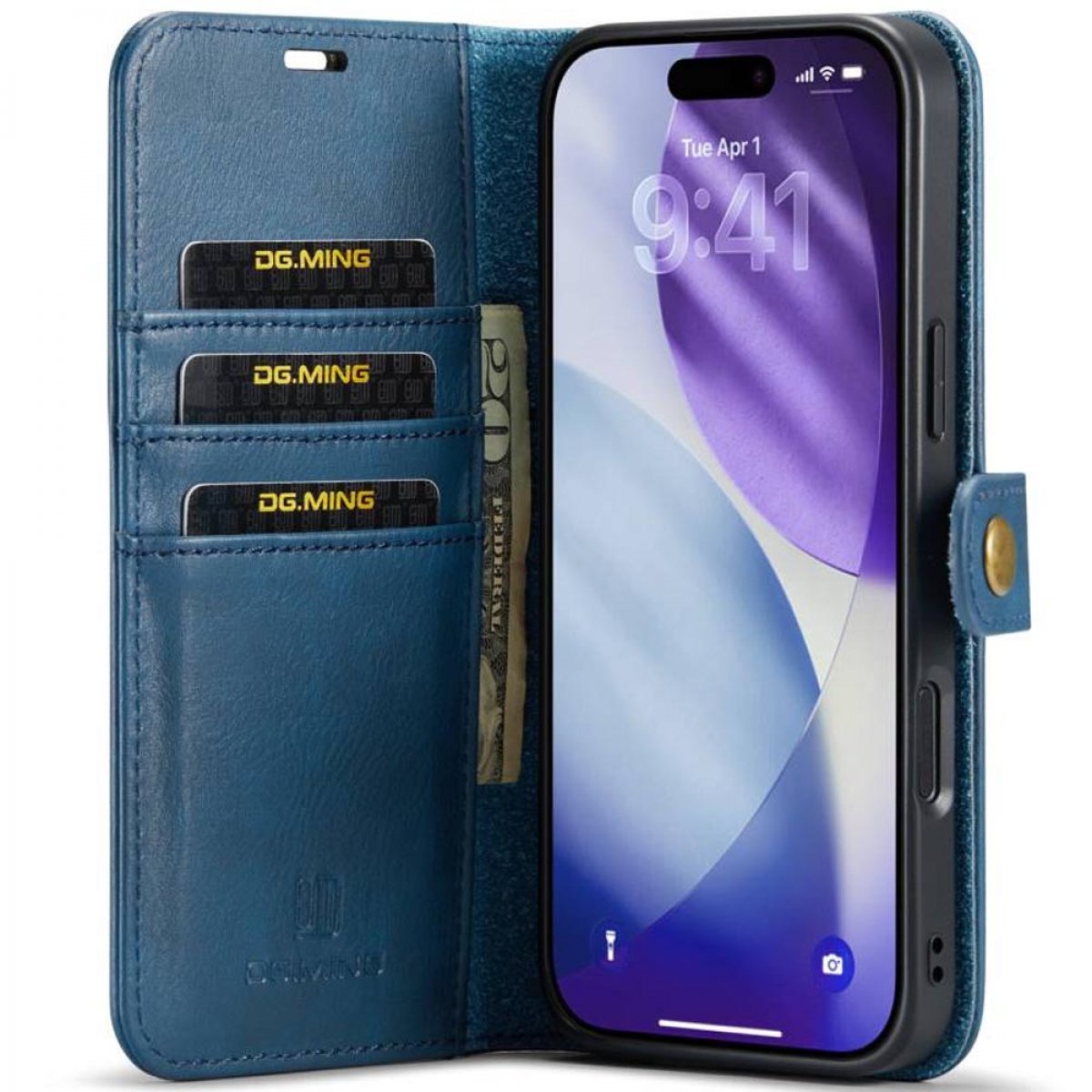 Blaue Leder-Handyhülle mit iPhone. Karten und ein Zwanzig-Dollar-Schein befinden sich im Etui.