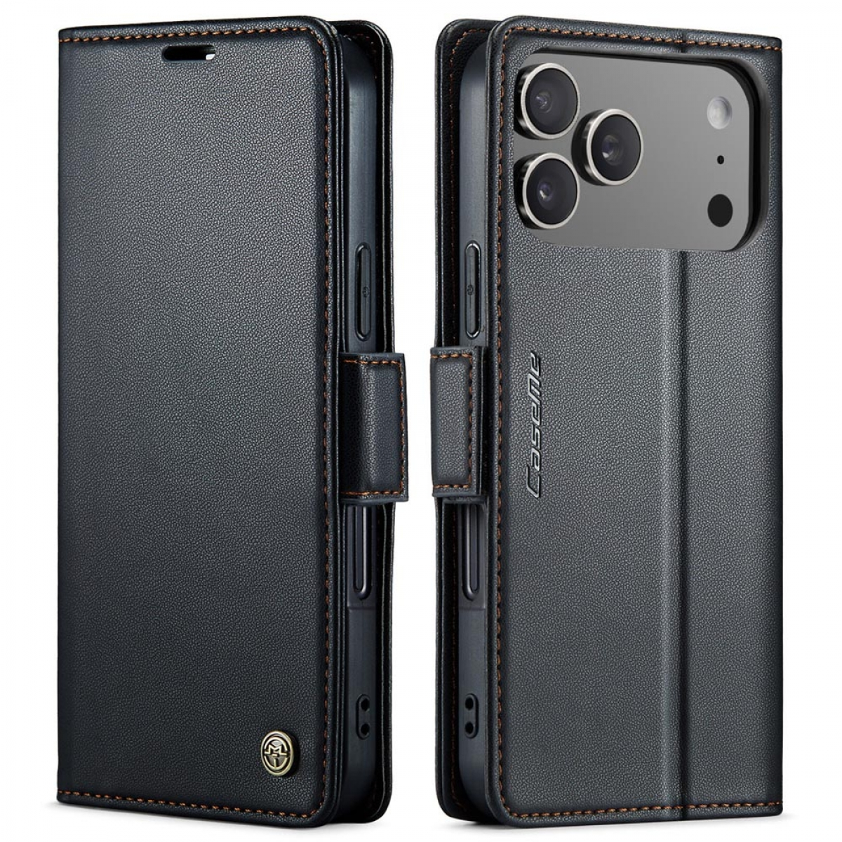 Schwarze Leder-Handyhülle mit braunen Nähten. Zeigt die Hülle offen und geschlossen, mit dem Telefon auf einer Seite sichtbar.