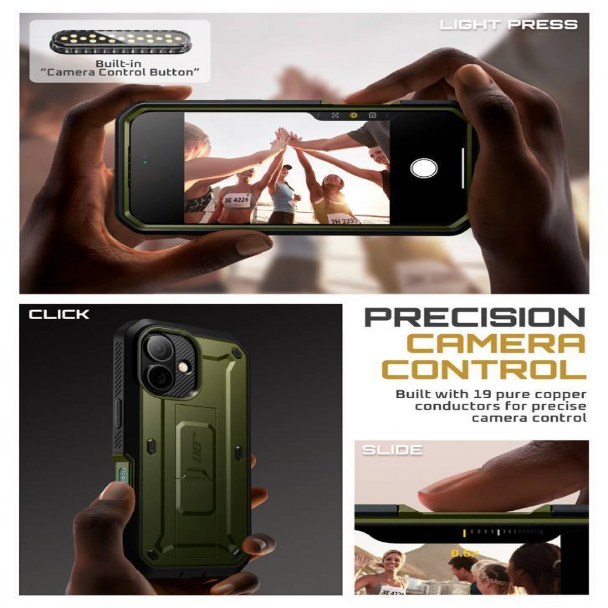 Persona che tiene in mano un telefono con custodia protettiva. Il telefono mostra una foto di persone che si battono il cinque. Testo: Controllo preciso della fotocamera.
