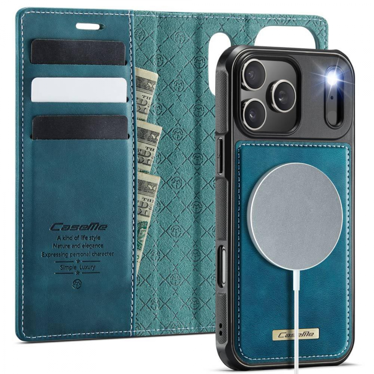 Eine türkisfarbene Handyhülle mit einem Portemonnaie, in dem Karten und Geld aufbewahrt werden. Ein iPhone befindet sich in einer passenden Hülle mit einer silbernen Ladescheibe.