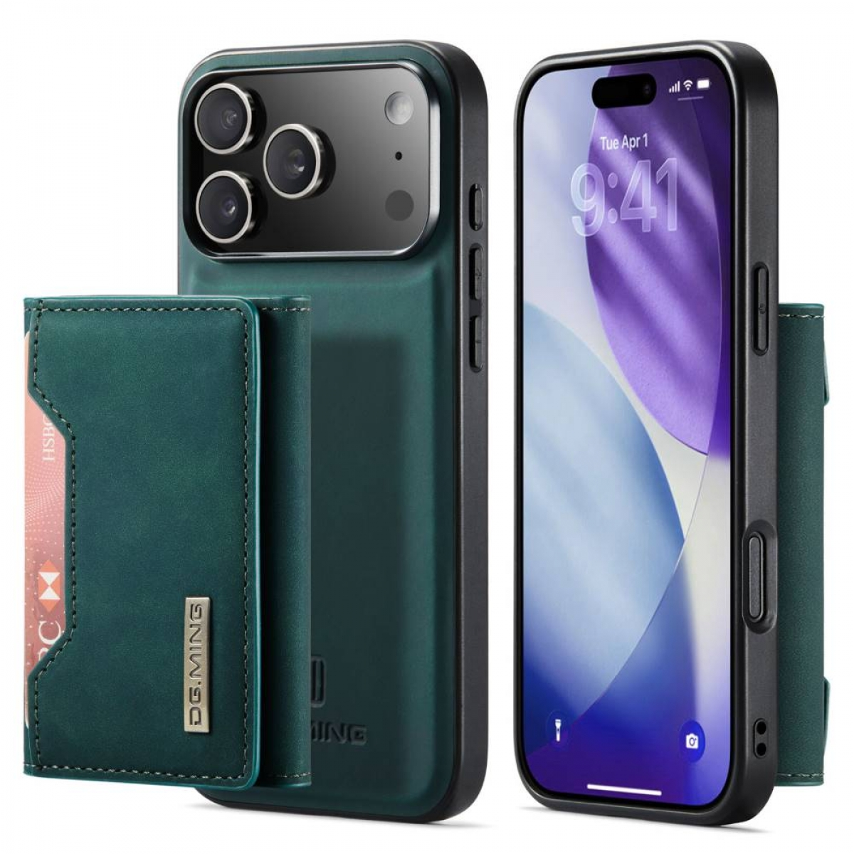 Eine tealfarbene Handyhülle mit angebundener Geldbörse, die einen iPhone-Bildschirm anzeigt. Die Geldbörse enthält eine Karte. Das Telefon zeigt die Uhrzeit an.