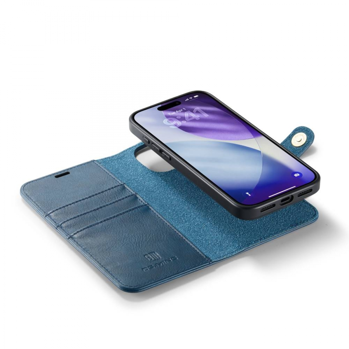 Ein Smartphone liegt auf einer blauen Lederhülle. Auf dem Telefon wird die Uhrzeit angezeigt. Die Hülle ist offen und zeigt Kartenfächer und einen Knopfverschluss.