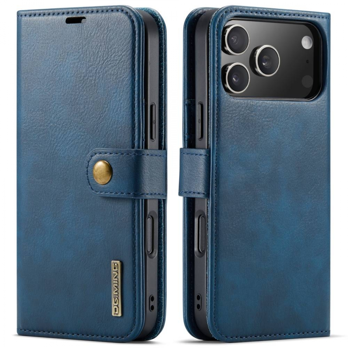 Blaue Leder-Handyhülle, geöffnet und geschlossen. Mit Magnetverschluss und Knopfverschluss. Kameraausschnitt sichtbar.
