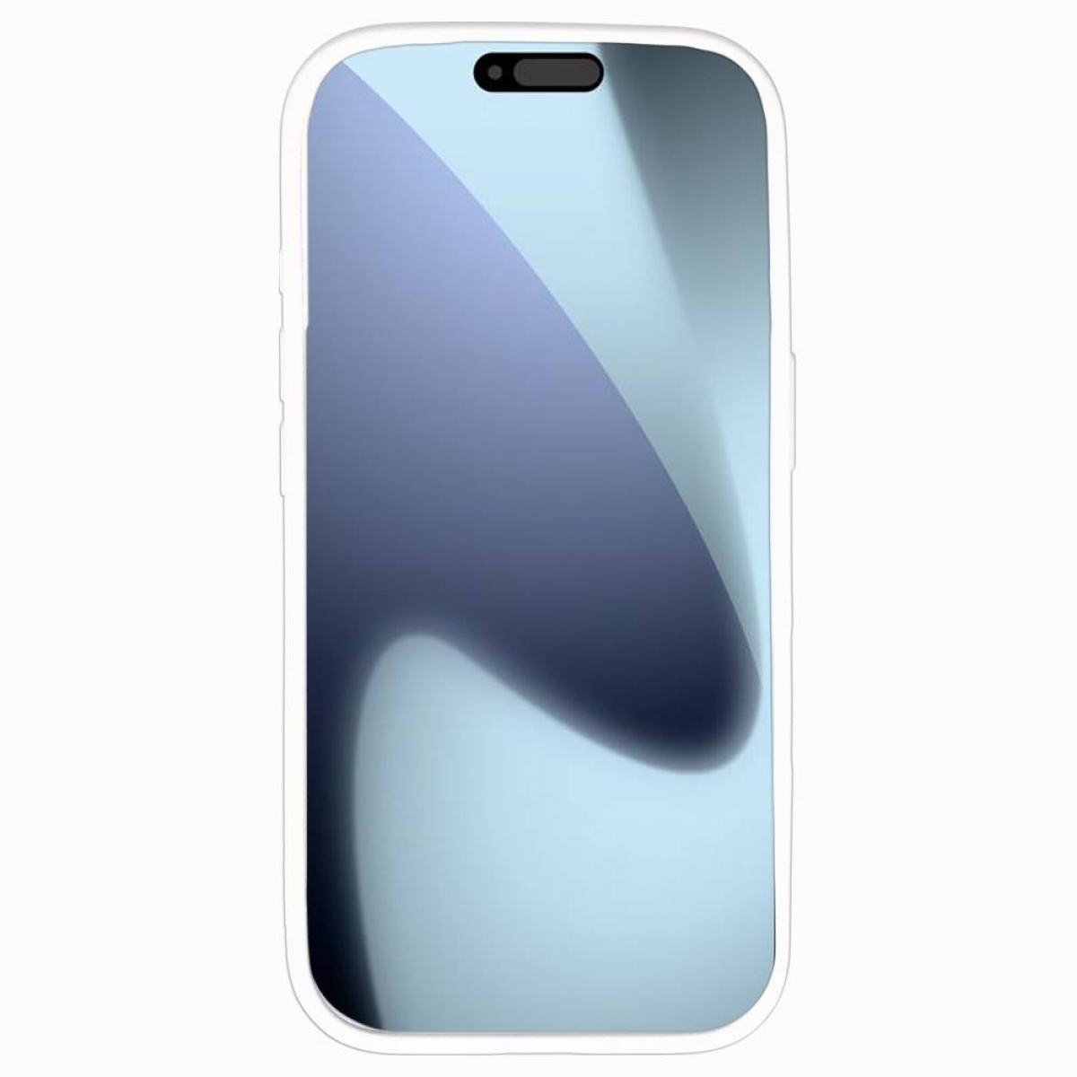 Ein Smartphone mit weißem Rahmen und einem Bildschirm, der ein blaues und graues abstraktes Design zeigt. Oben befindet sich ein schwarzer pillenförmiger Ausschnitt.
