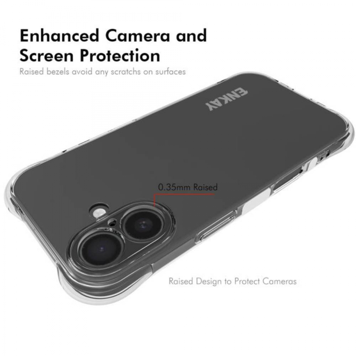 Eine transparente Handyhülle mit einem schwarzen Telefon. Text sagt Kamera- und Bildschirmschutz. Erhöhtes Design zum Schutz der Kameras.