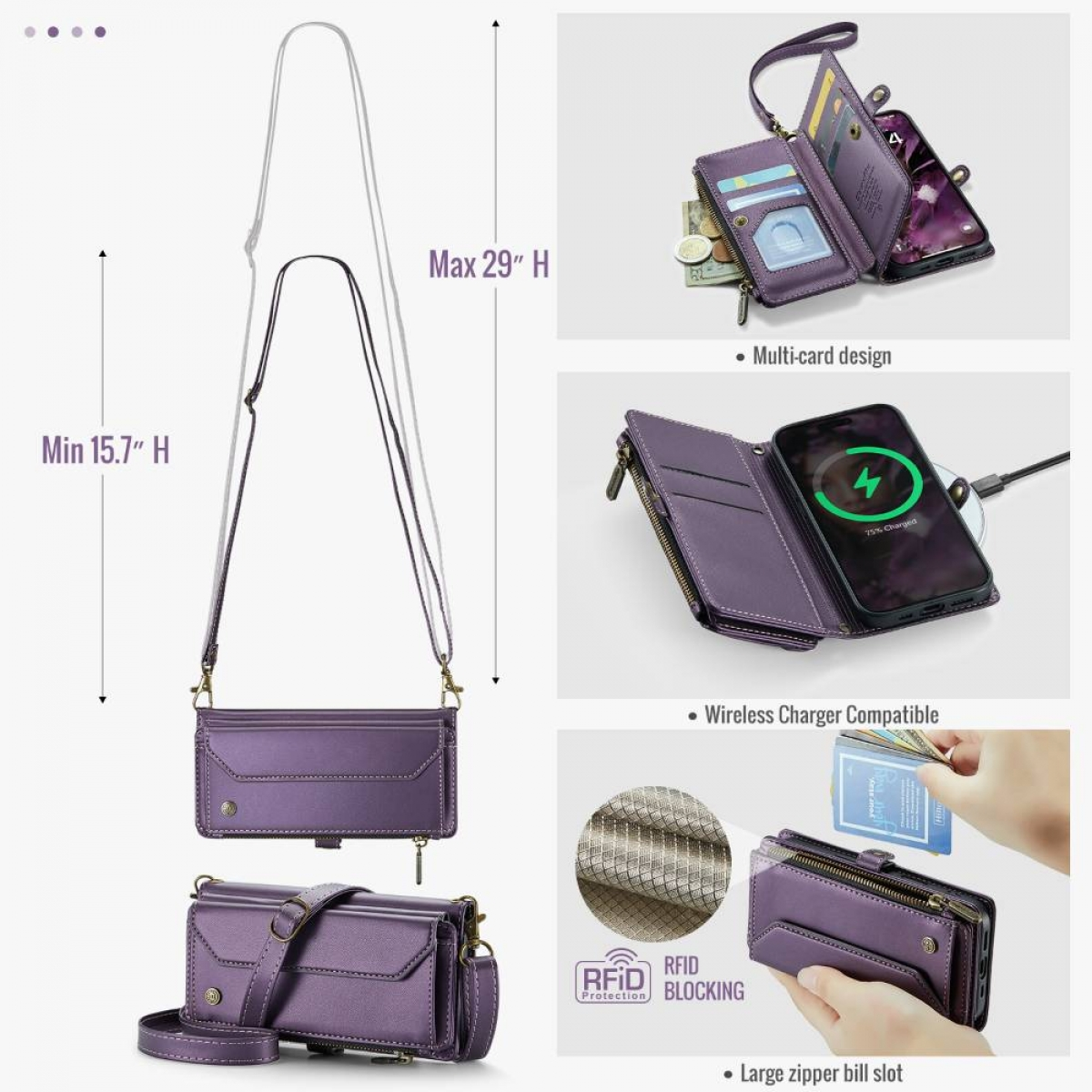 Eine lila Handyhülle mit Riemen wird gezeigt. Sie hat ein Multi-Karten-Design, kabelloses Laden und RFID-Blockierung.