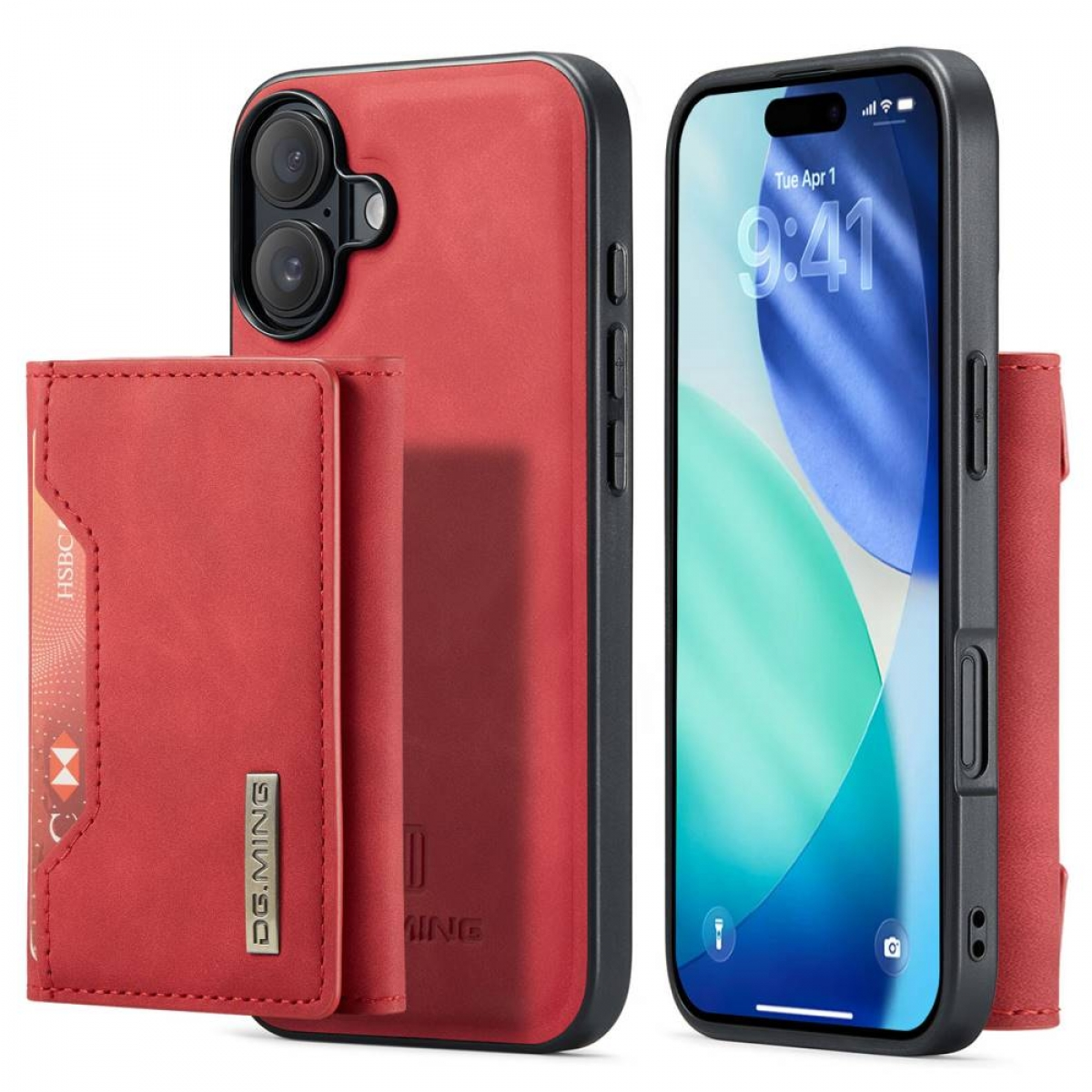 Rote Handyhüllen mit Geldbörsenfunktion und ein Handy. Eine Geldbörse mit Kreditkarte ist ebenfalls vorhanden. Telefon zeigt Datum und Uhrzeit an.