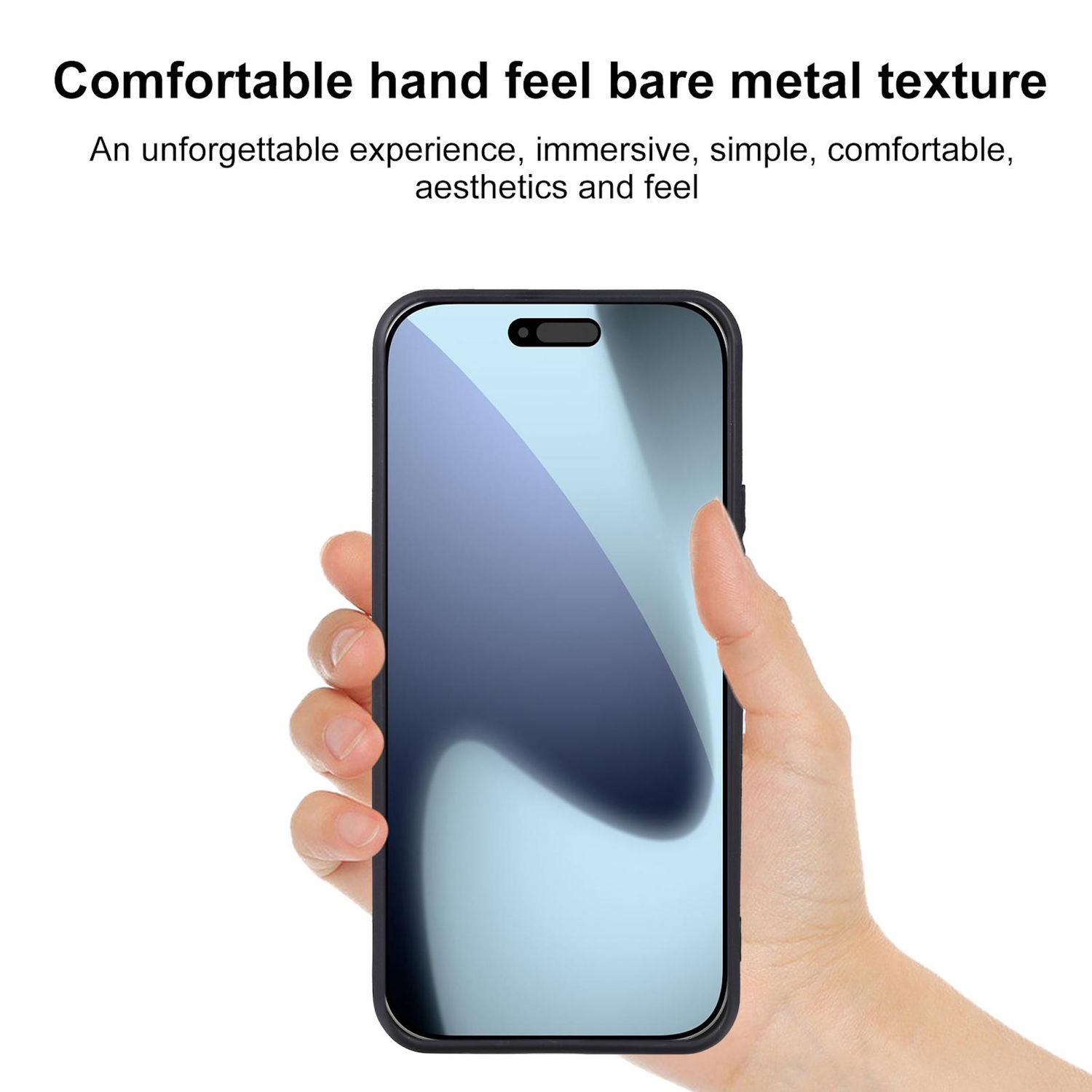 Eine Hand hält ein Smartphone mit einem blauen Farbverlauf. Das Telefon ist schwarz und der Hintergrund weiß, mit Text darüber.