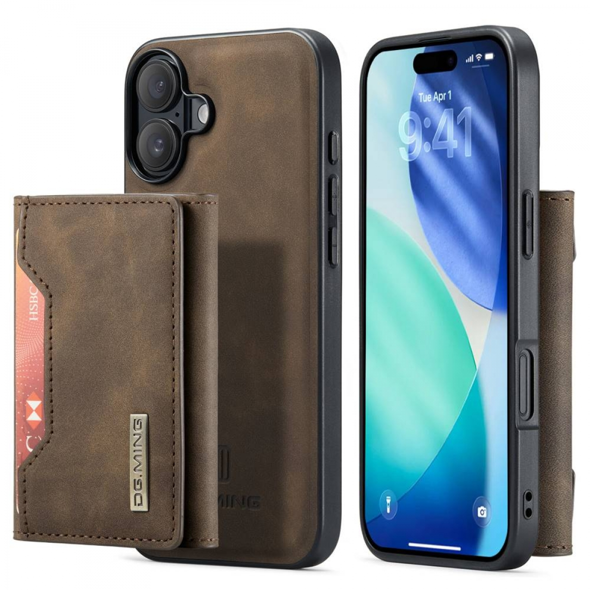 Braune Leder-Handyhülle mit Geldbörse, daneben ein Telefon mit der Uhrzeit. Eine Kreditkarte ist im Portemonnaie sichtbar.