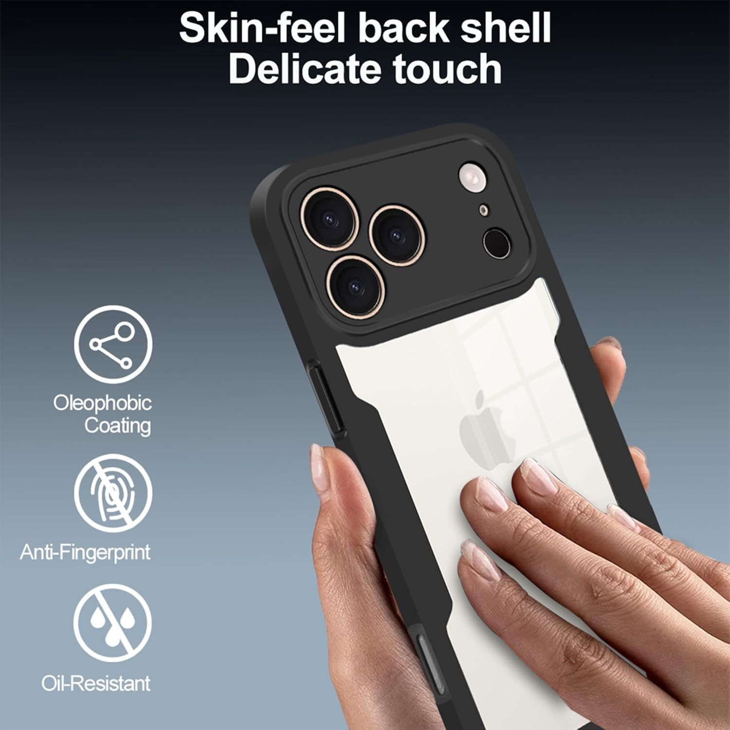 Eine Hand hält eine schwarze Handyhülle mit drei Kameralöchern. Die Hülle hat folgende Eigenschaften: ölbeständig, Anti-Fingerprint und oleophobe Beschichtung.