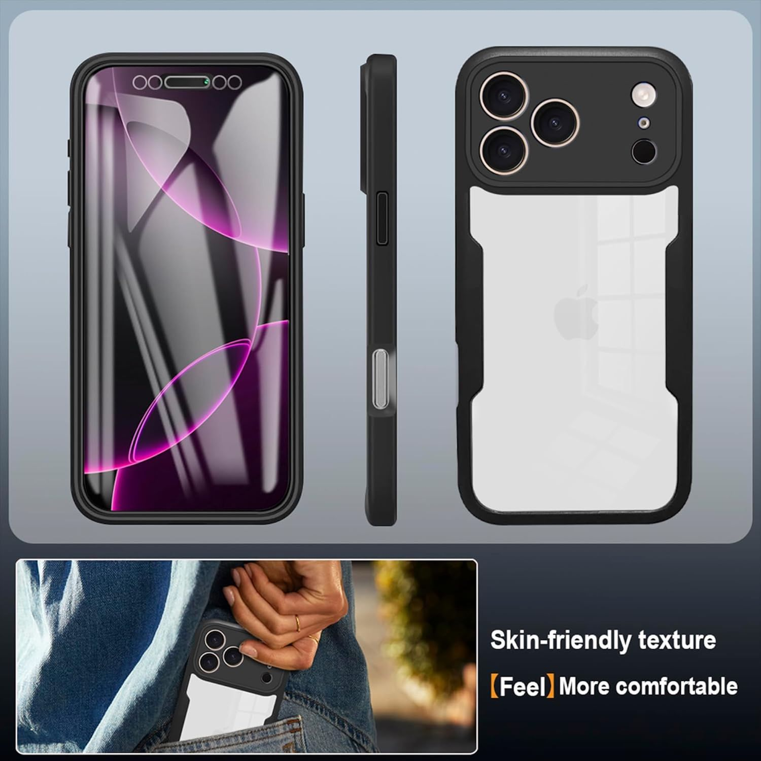 Eine Handyhülle mit schwarzem Rahmen und klarer Rückseite, aus verschiedenen Blickwinkeln gezeigt. Eine Hand hält das Handy in einer Jeanstasche.