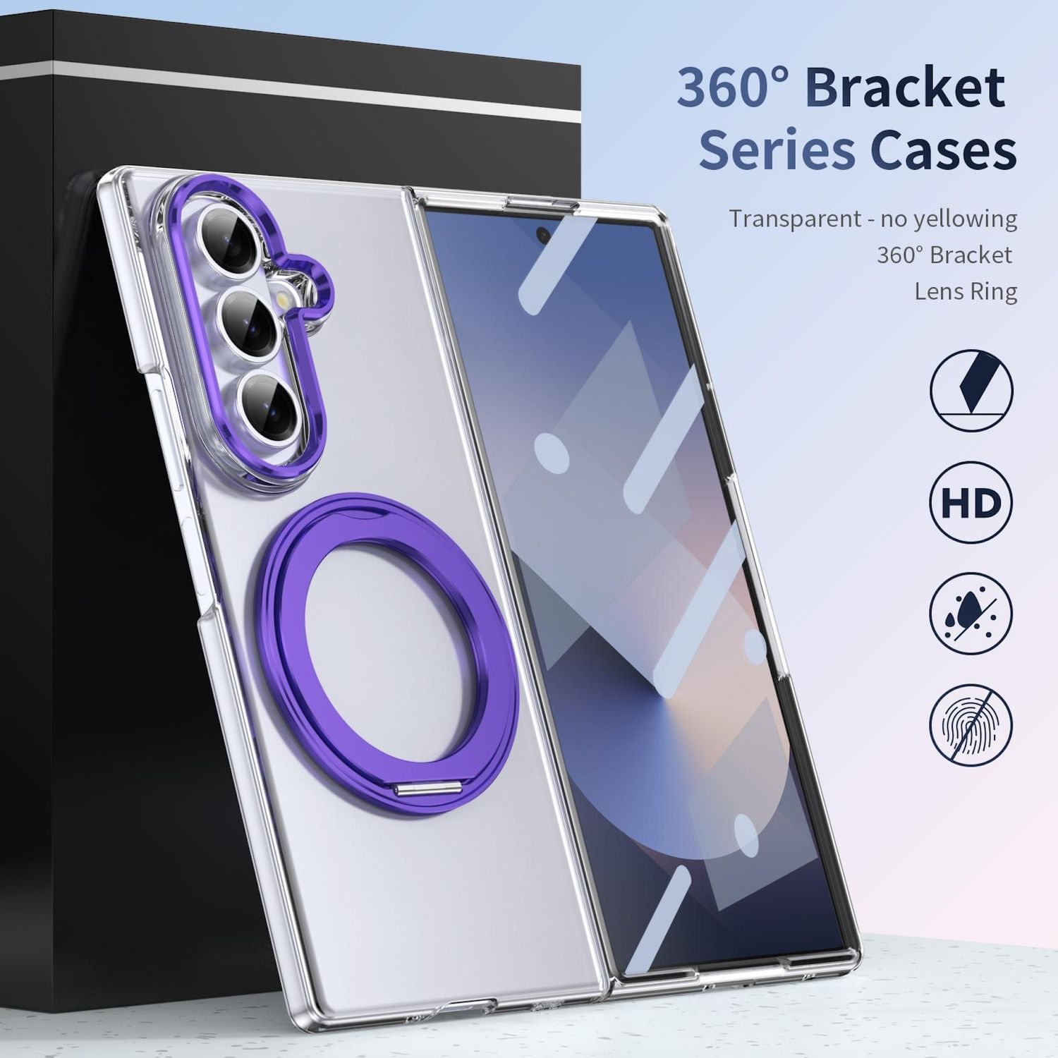 Funda transparente para teléfono con detalles morados, incluyendo un anillo y borde de cámara. Texto indica fundas 360° y diseño transparente.