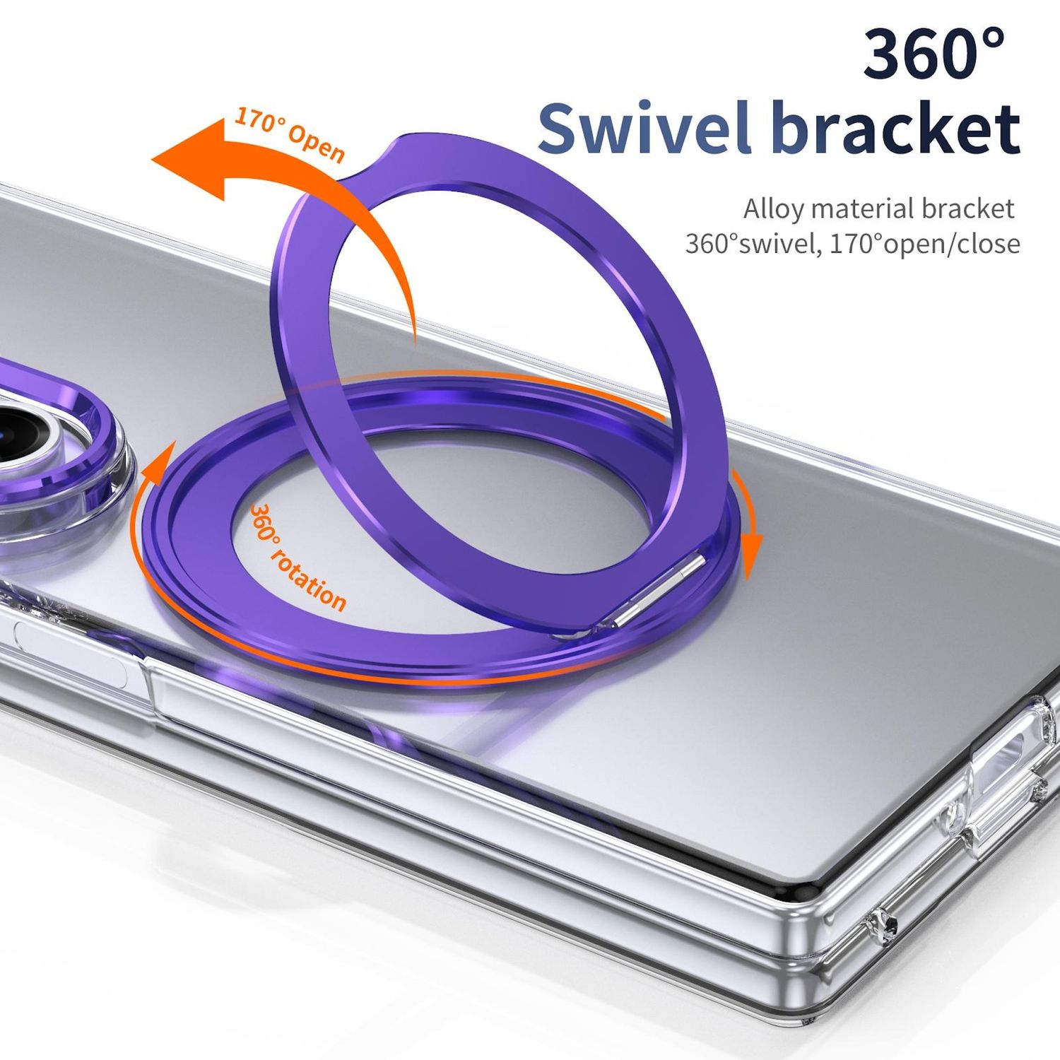 Una funda de teléfono con un soporte de anillo morado. El texto indica giro de 360 grados y apertura/cierre de 170 grados. El soporte es de aleación.