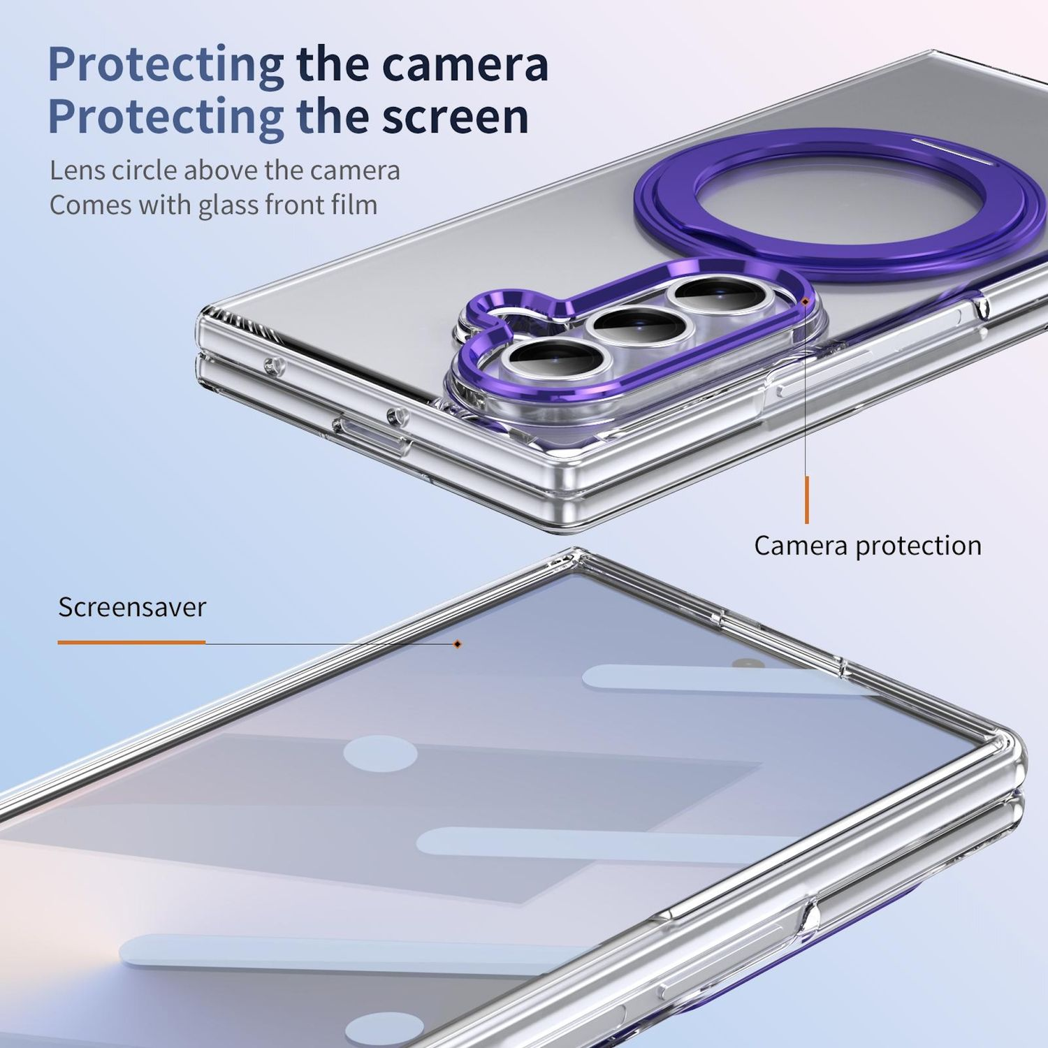 Una funda para teléfono con protección de cámara morada y protector de pantalla. El texto indica protección de cámara y pantalla.