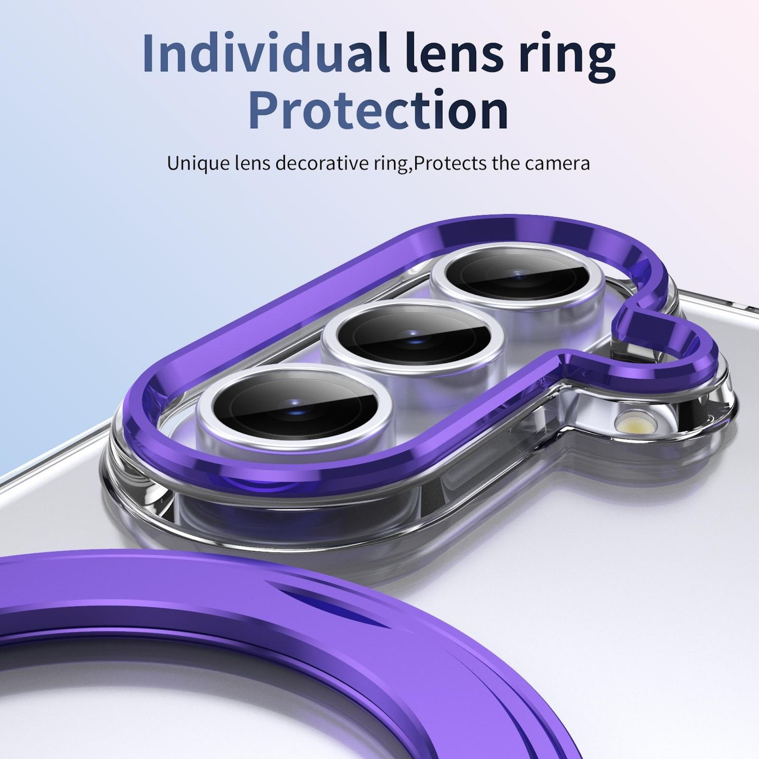 Un anillo de lente púrpura protege las lentes de la cámara de un teléfono. El anillo tiene una superficie brillante. El fondo es un degradado de azul claro a blanco.