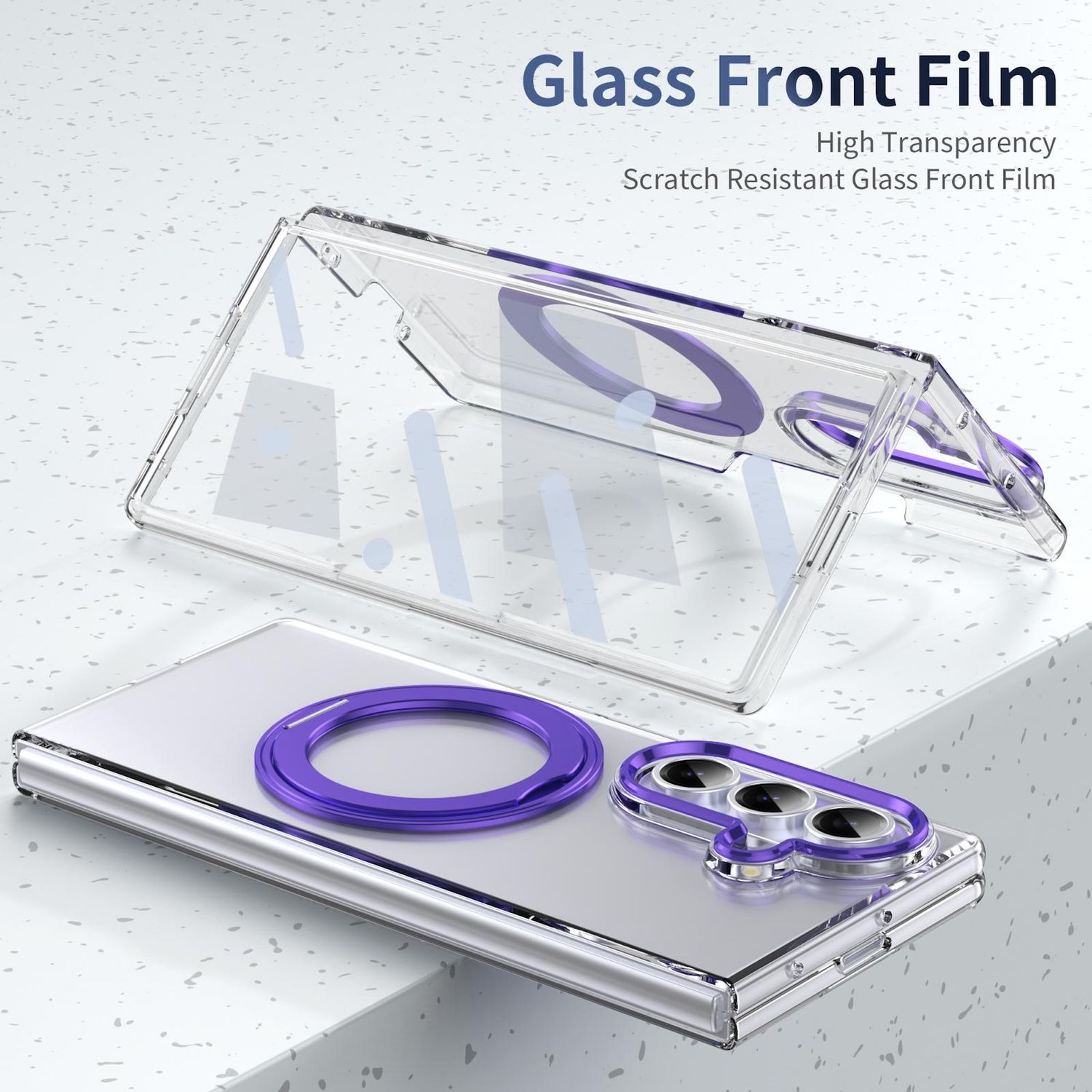 Funda transparente para teléfono con detalles morados. Una funda parcialmente abierta y otra sobre la superficie. Texto: Película frontal de vidrio.