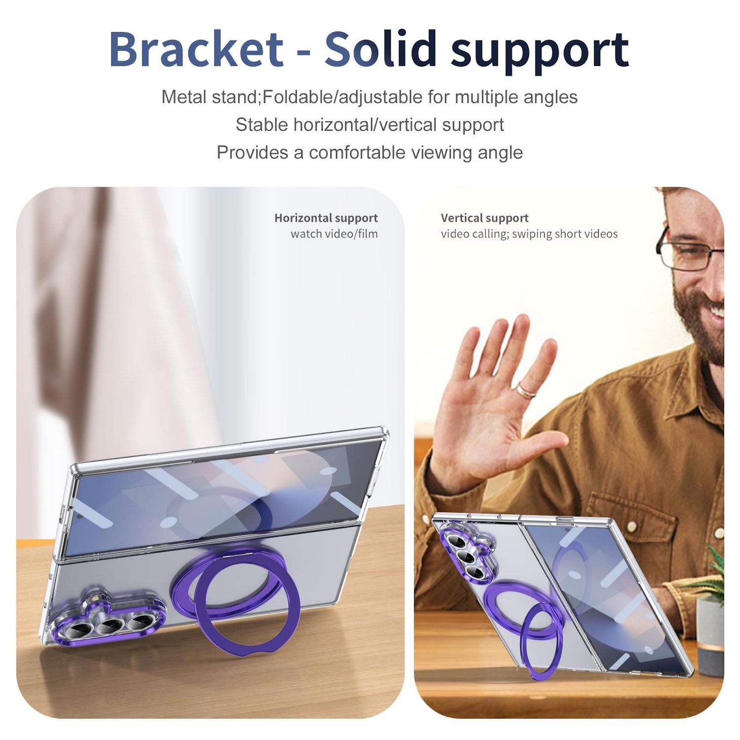 Se muestra un teléfono con un soporte de anillo morado en posiciones horizontal y vertical. El texto destaca sus características y un hombre sonríe.