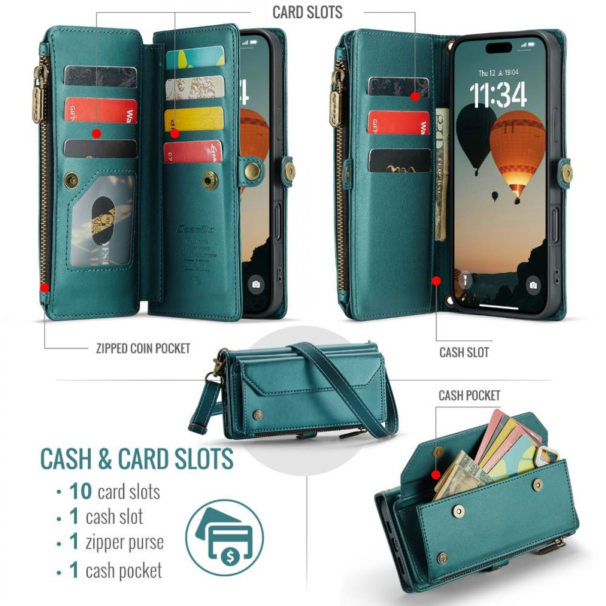 Eine teal-farbene Geldbörse mit Kartenfächern, Geldfächern und einem Münzfach mit Reißverschluss wird gezeigt. Ein iPhone befindet sich darin. Die Geldbörse ist offen und geschlossen.
