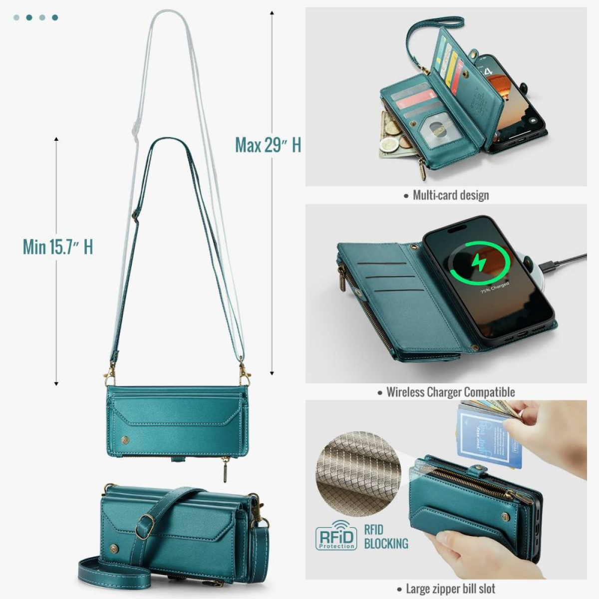 Türkisfarbene Telefonbrieftasche mit Riemen. Zu den Merkmalen gehören Multi-Card-Design, kabellose Ladekompatibilität und RFID-Blockierung.