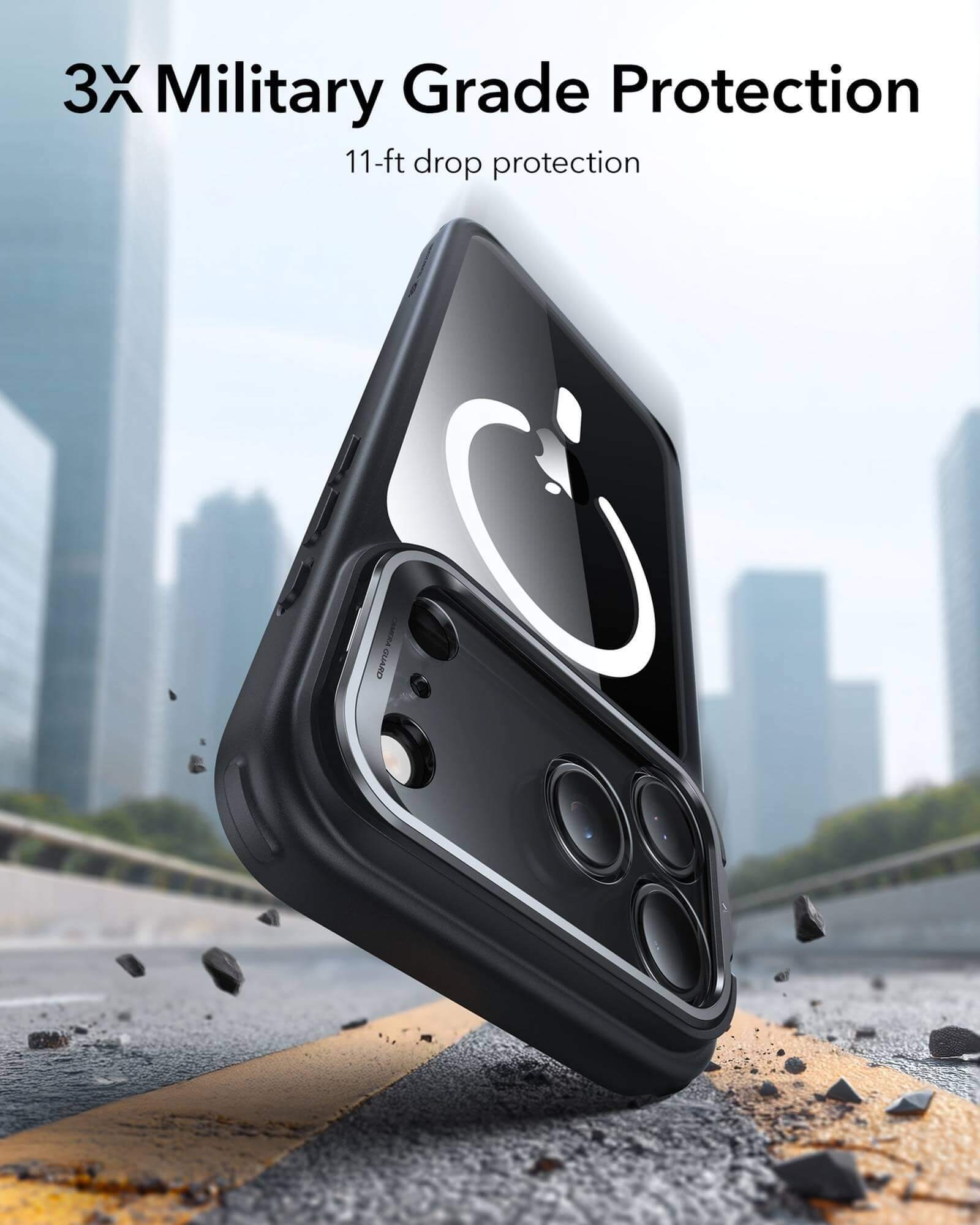 Eine Handyhülle schützt ein Handy. Die Hülle ist schwarz und der Hintergrund hat Text: 3X Military Grade Protection.