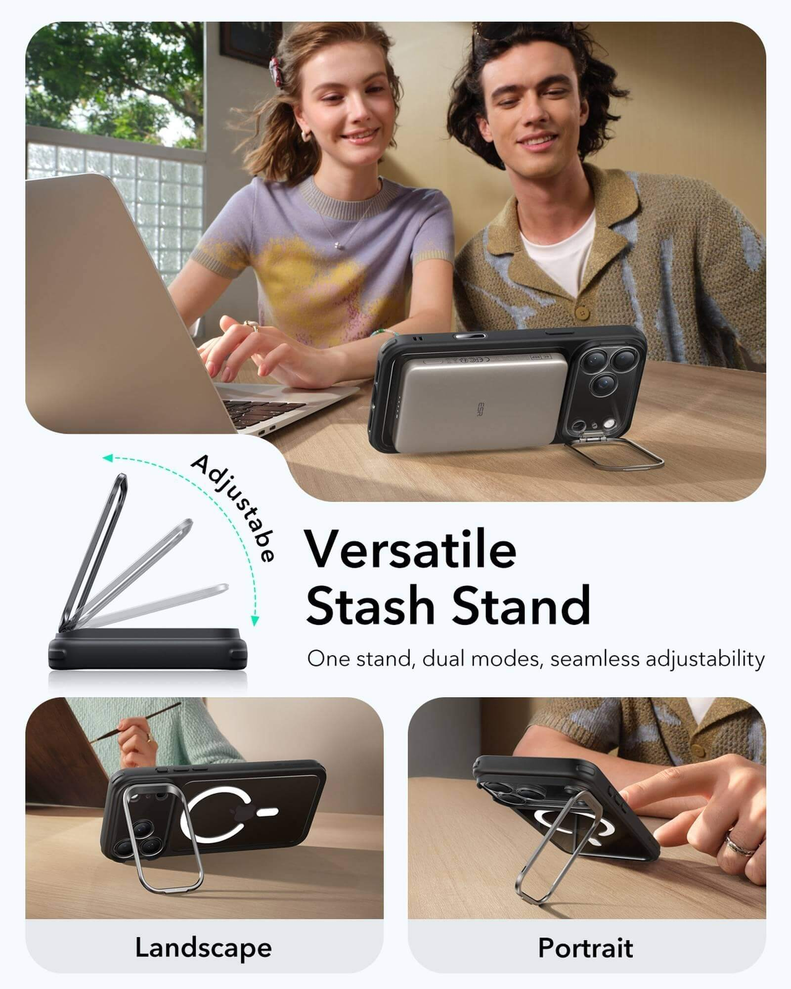 Personen mit Laptop und Handy-Ständer. Der Ständer befindet sich im Quer- und Hochformat. Text: Vielseitiger Stash-Ständer.