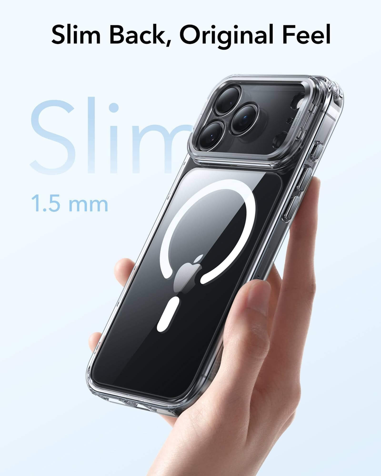 Eine klare Handyhülle wird von einer Hand gehalten. Das Gehäuse hat ein schwarzes Telefon im Inneren. Text: Schlanker Rücken, Originalgefühl und Schlank.