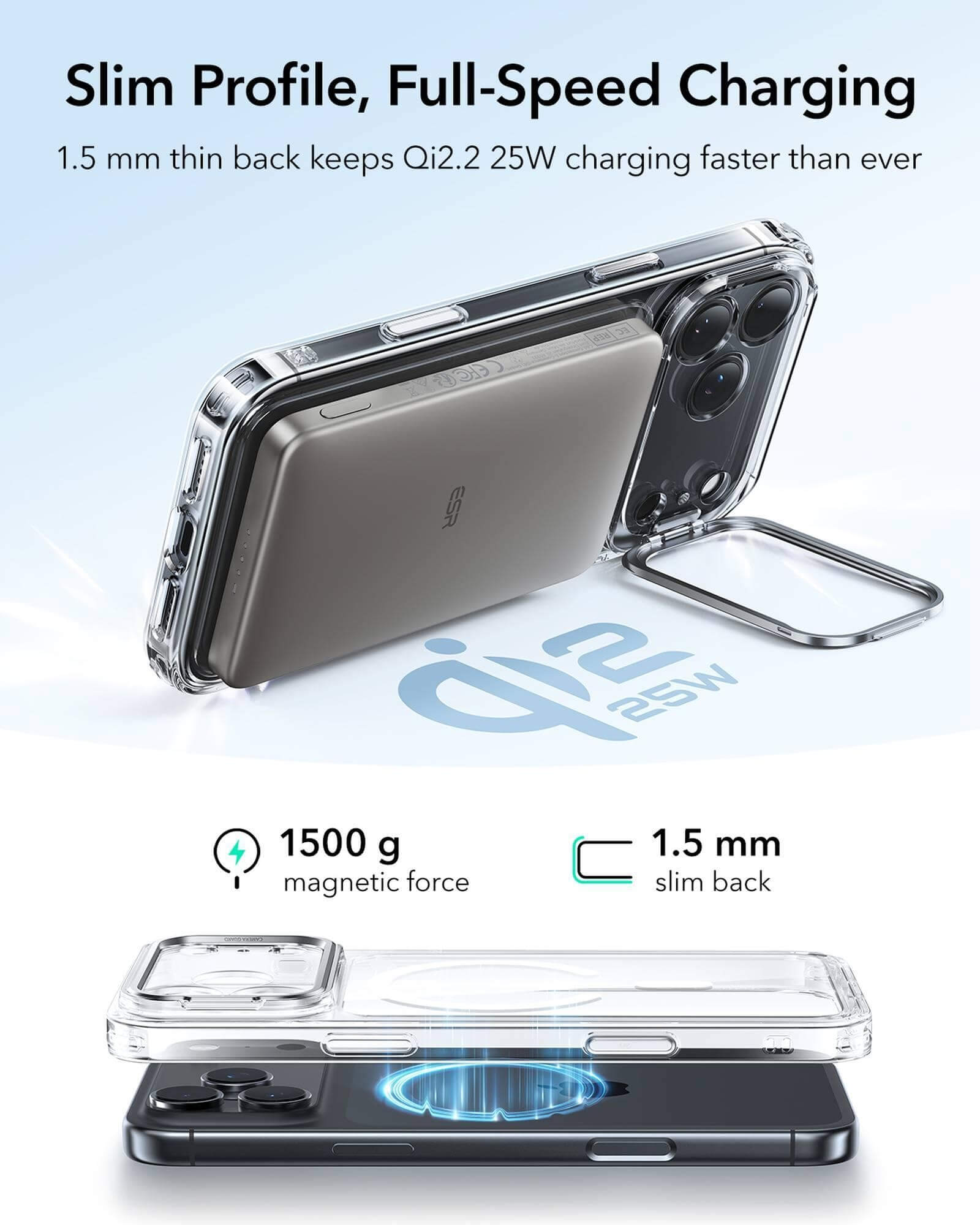 Ein Telefon in einer transparenten Hülle mit einem magnetischen Ladepad, das ein schlankes Design und schnelle Ladefunktionen zeigt.