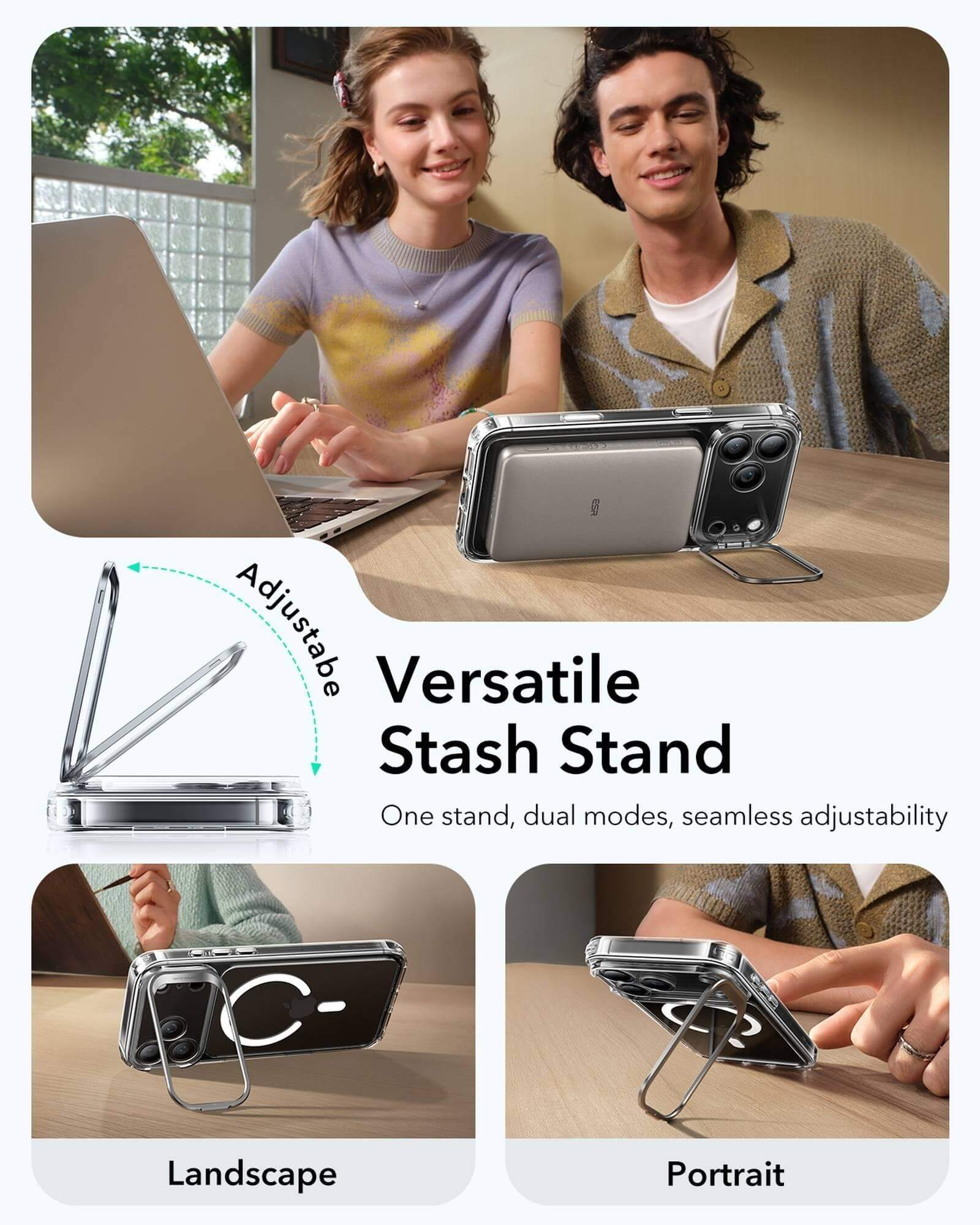 Zwei Personen sitzen an einem Tisch mit einem Laptop und einem Telefonständer. Das Telefon befindet sich im Quer- und Hochformat. Text: 'Vielseitiger Stash-Ständer'.