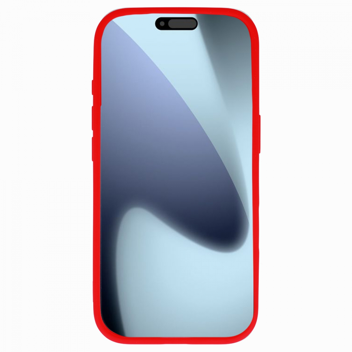 Ein Smartphone mit roter Hülle. Der Bildschirm zeigt einen blau-weißen Farbverlauf. Das Telefon hat einen schwarzen Kameraausschnitt oben.