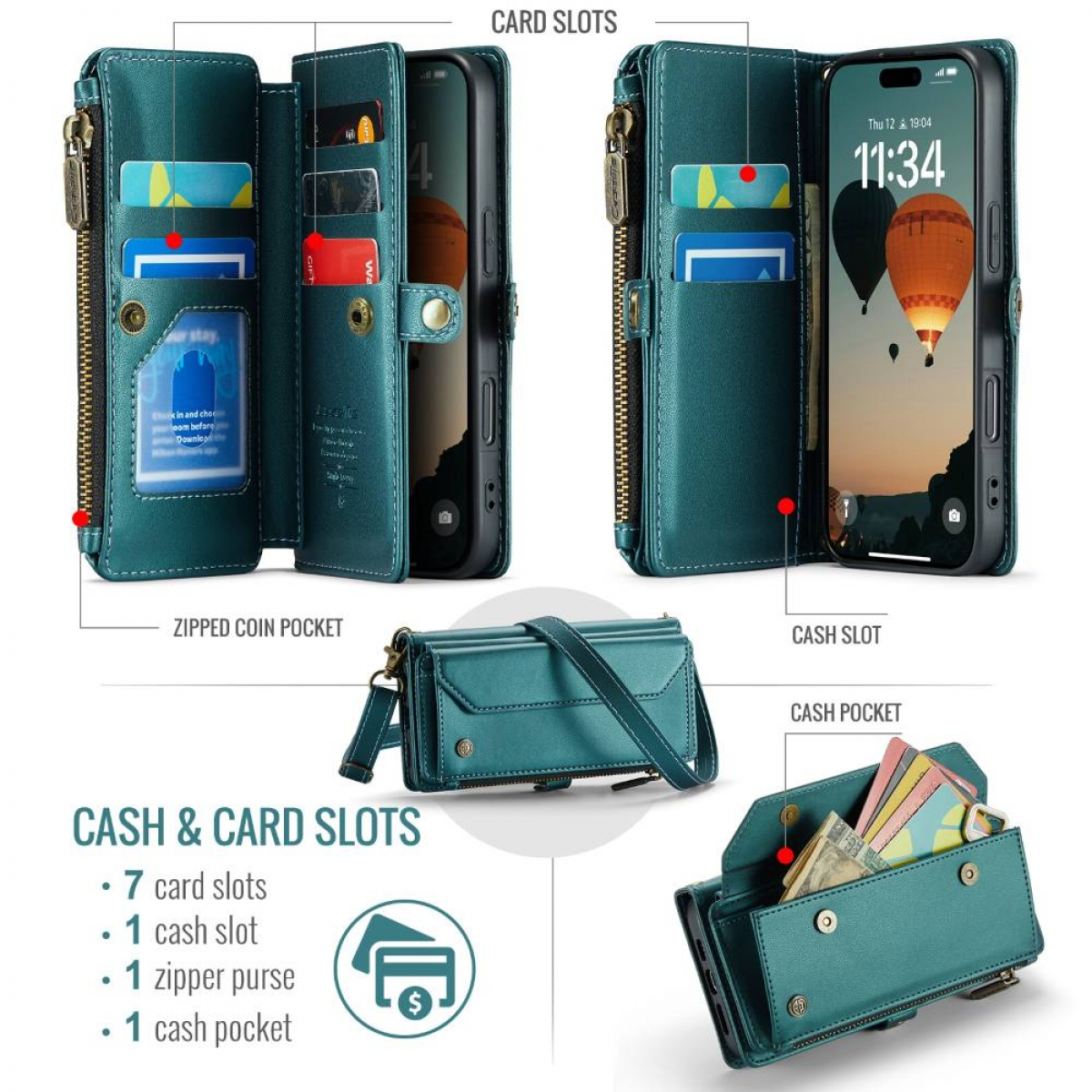 Eine teal-farbene Geldbörse-Handyhülle mit Kartenfächern, Reißverschluss-Münzfach und Geldschlitz. Ein iPhone zeigt eine Ballonszene. Zubehör wird gezeigt.