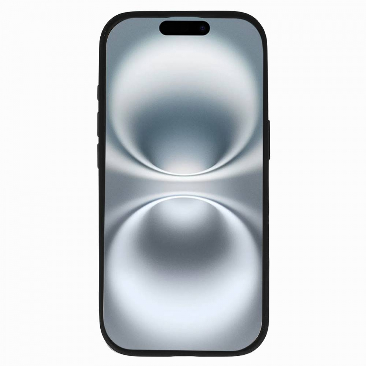Ein Smartphone mit schwarzem Gehäuse. Der Bildschirm zeigt ein hellgraues, abstraktes Design mit geschwungenen Linien. Oben ist eine schwarze Kamera.