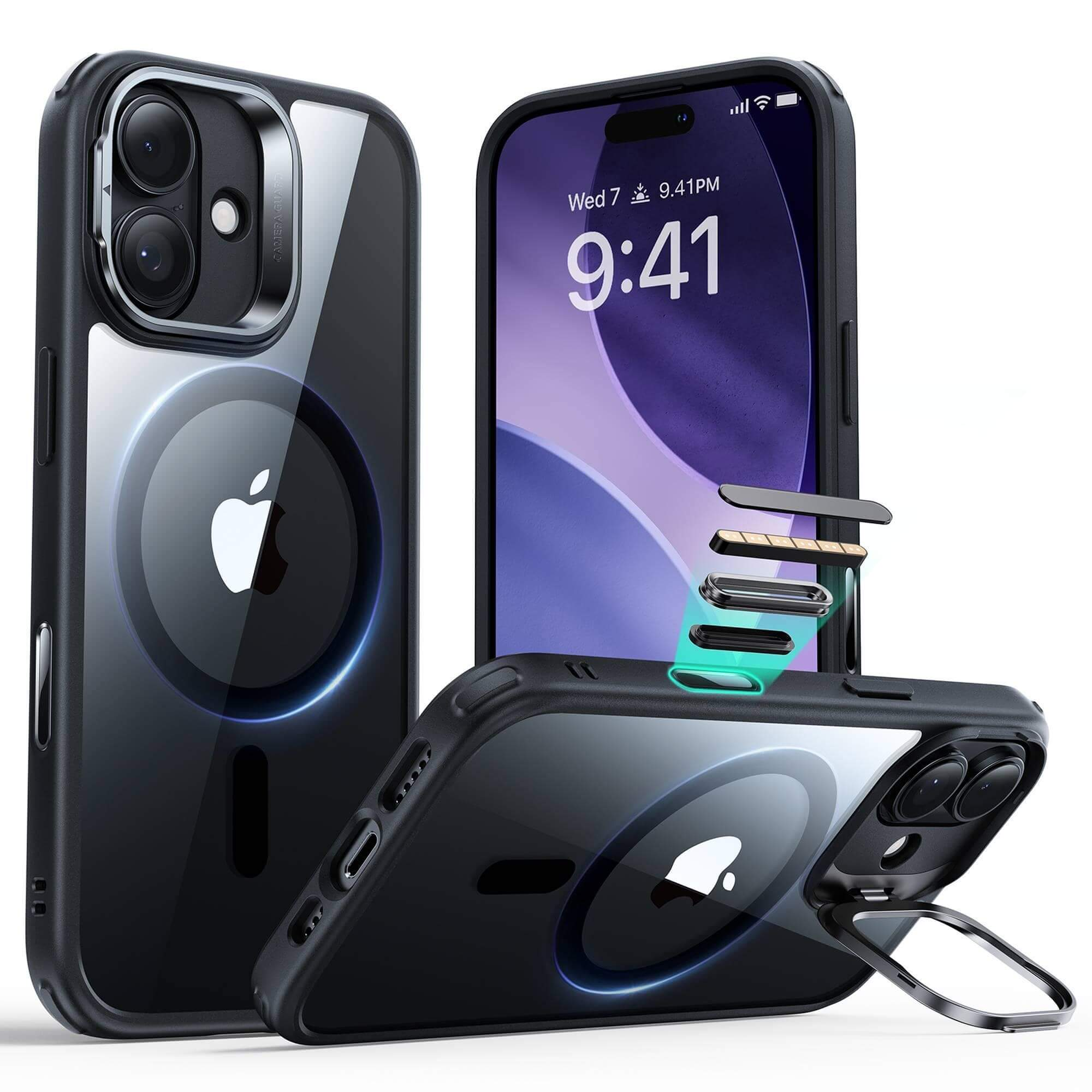 Drei iPhone-Hüllen. Eine mit einem Telefon, das die Uhrzeit anzeigt, eine andere mit dem Apple-Logo und eine dritte in einem Winkel mit einem Ringständer.