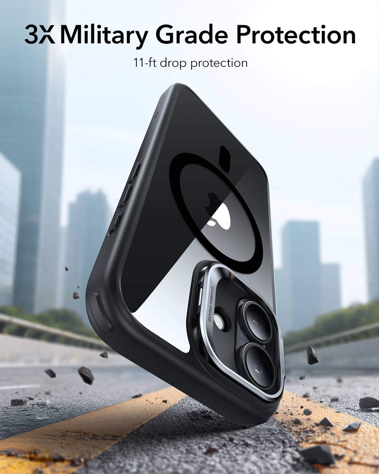 Eine schwarze Telefonhülle, leicht abgewinkelt. Der Text lautet: '3X Military Grade Protection' und '11-ft drop protection'.