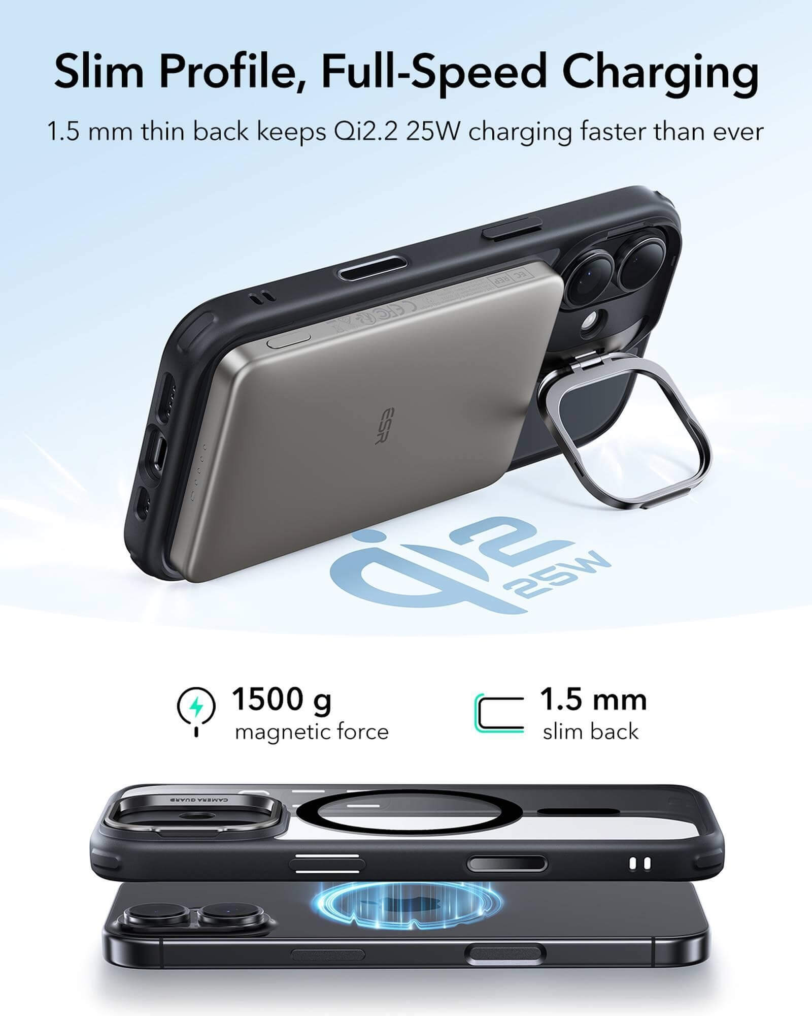 Ein Telefon mit magnetischer Laderückseite wird gezeigt. Der Text hebt schlankes Profil, Schnellladung und 1,5 mm Rückseite hervor.