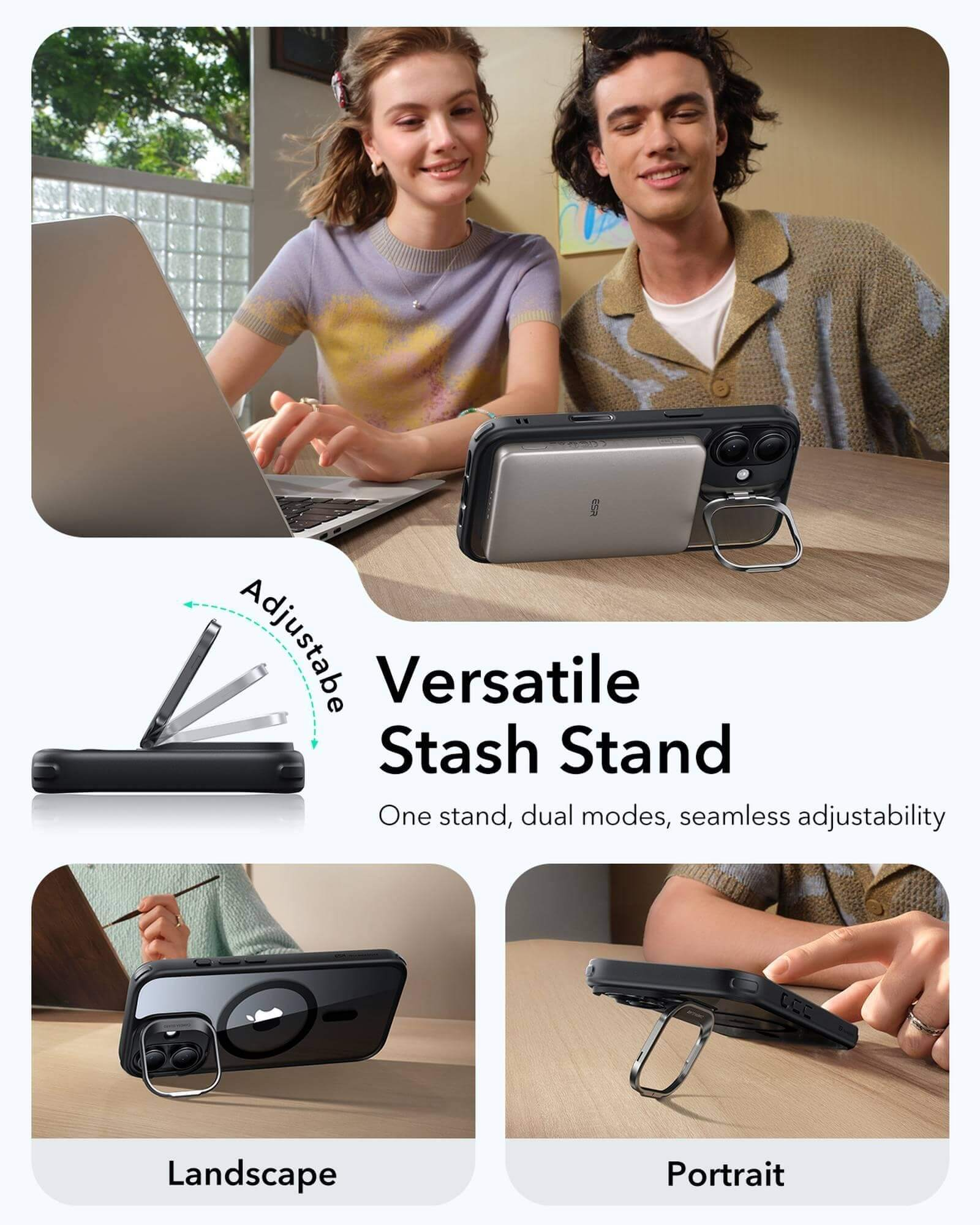 Zwei Personen mit Laptop und Handyhülle mit Ständer, ein Telefon im Quer- und Hochformat. Text: Vielseitiger Stash-Ständer.