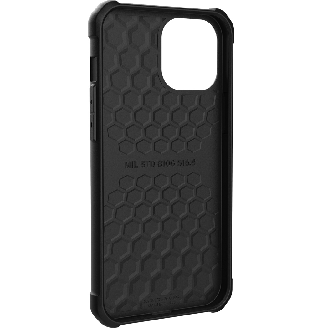 Eine schwarze Handyhülle mit Wabenmuster. Die Hülle hat einen Kameraausschnitt und den Text MIL STD 810G 516.6 und Patent Pending.
