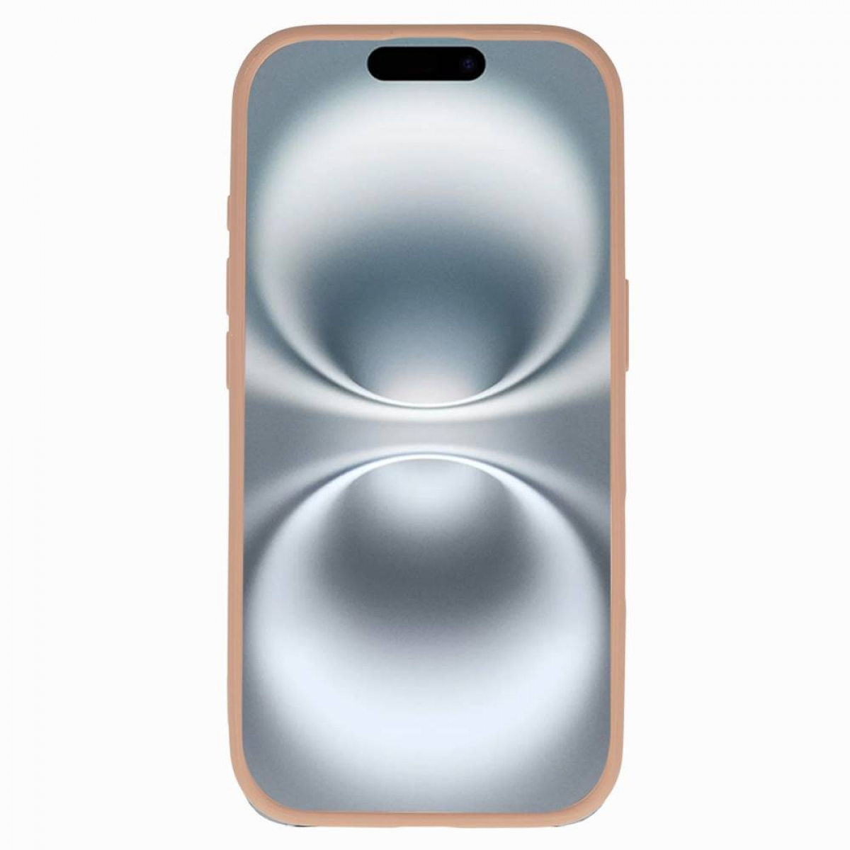 Ein Smartphone mit rosafarbenem Gehäuse. Der Bildschirm zeigt ein verschwommenes, abstraktes Design in Grautönen. Das Gehäuse hat Lautstärketasten.