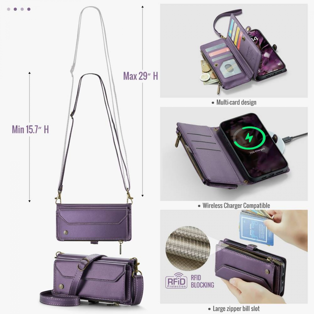 Lila Brieftaschen-Handyhülle mit Riemen und mehreren Fächern. Merkmale sind kabelloses Laden, RFID-Blockierung und ein großer Reißverschluss.