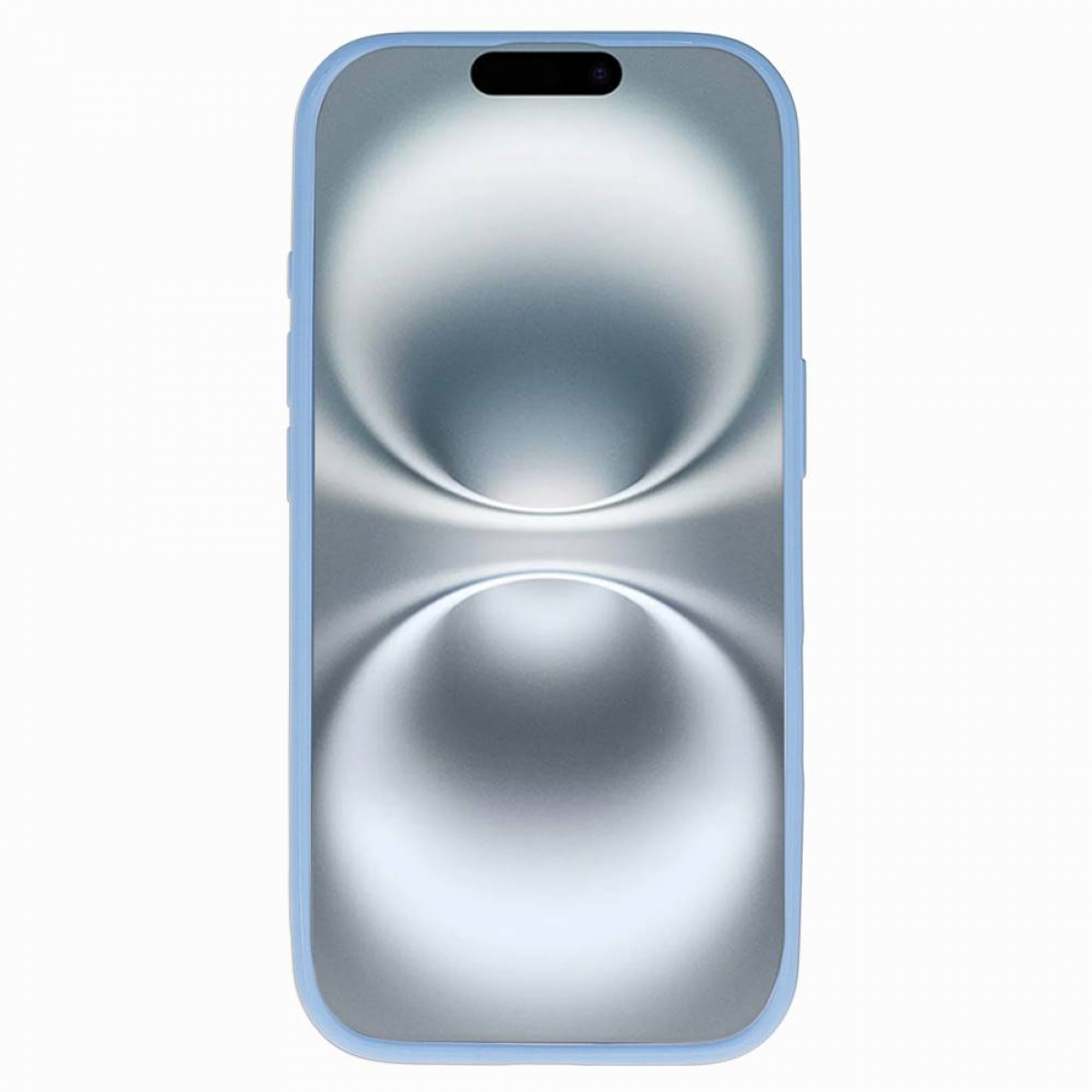 Ein Smartphone mit blauem Gehäuse. Der Bildschirm zeigt ein helles, abstraktes Design. Der Hintergrund ist weiß.