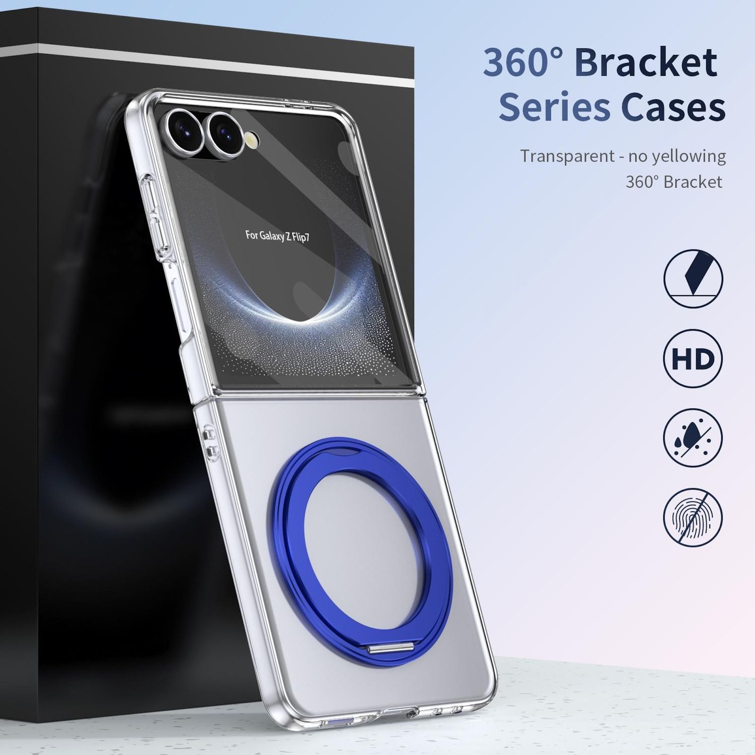 Eine transparente Handyhülle für Galaxy Z Flip7 mit blauem Ringhalter. Text: '360° Bracket Series Cases'.